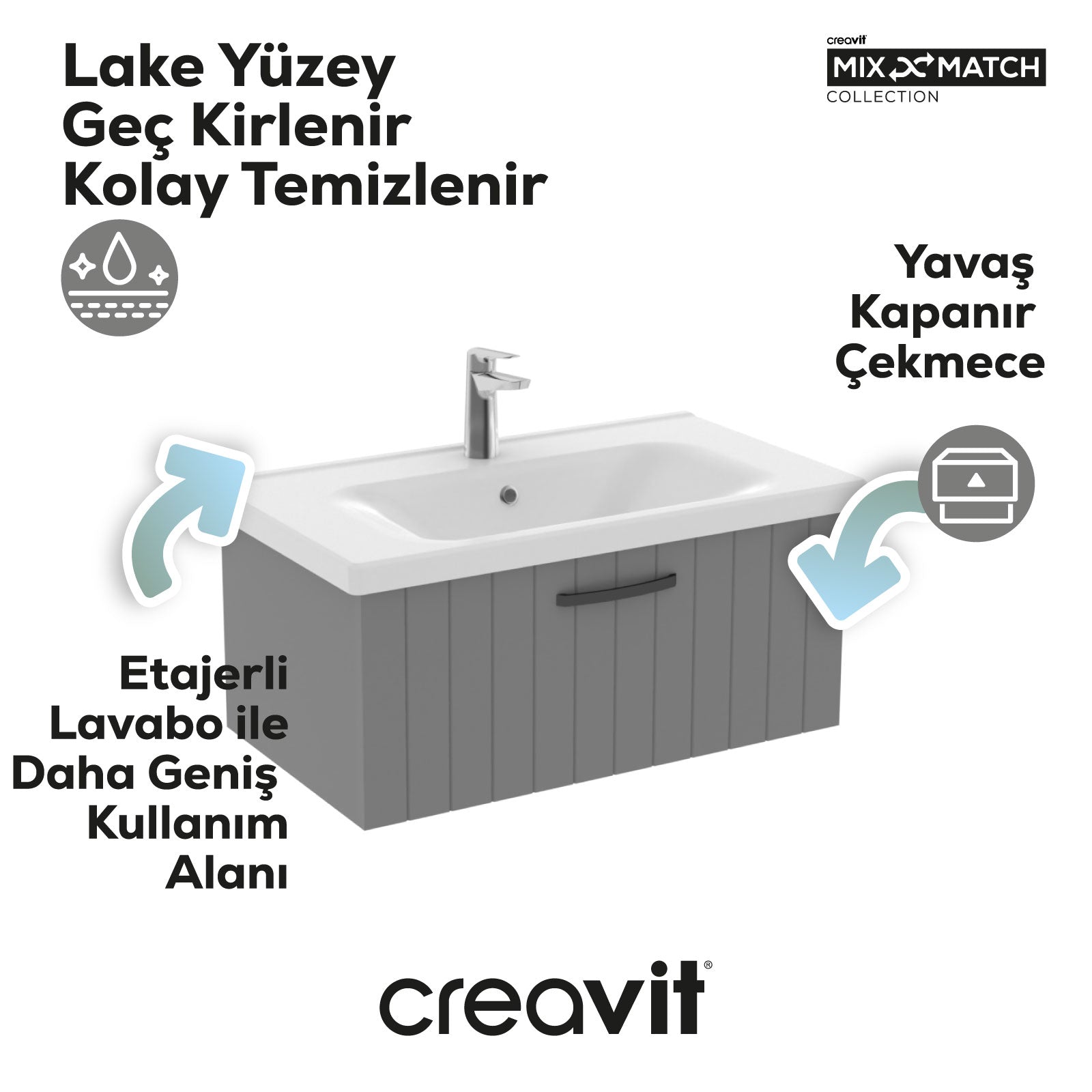 D10 Eksen Lavabo Dolabı Çekmeceli 80 cm Gri Lake - Creavit | Banyo Bu Tarafta