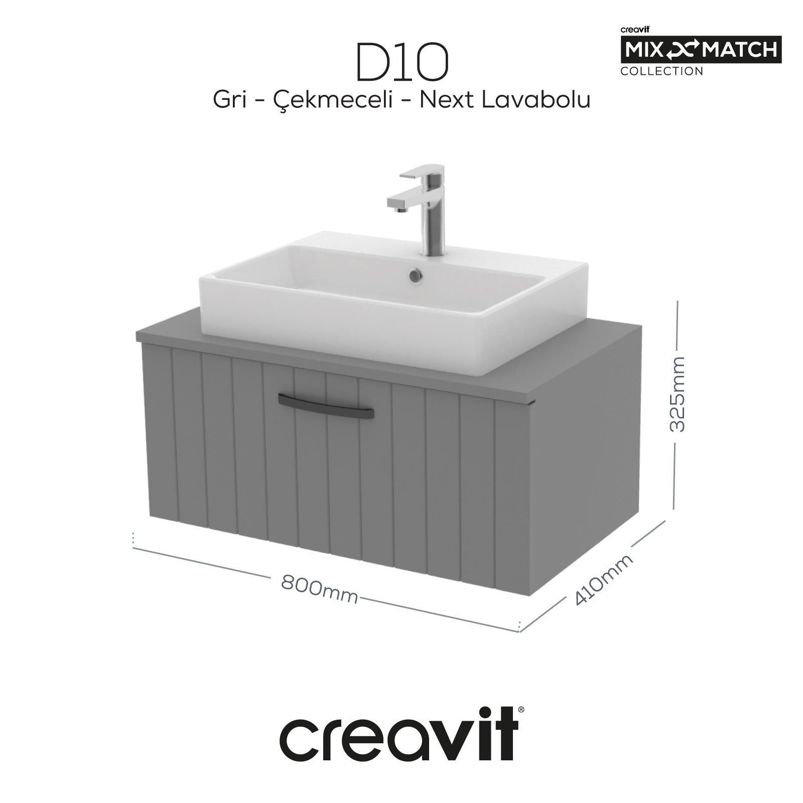 D10 Next Lavabo Dolabı Çekmeceli 80 cm Gri Lake - Creavit | Banyo Bu Tarafta
