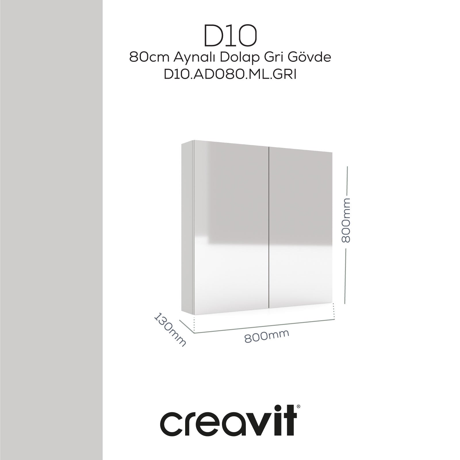 D10 80cm Melamin Aynalı Dolap Gri - Creavit | Banyo Bu Tarafta