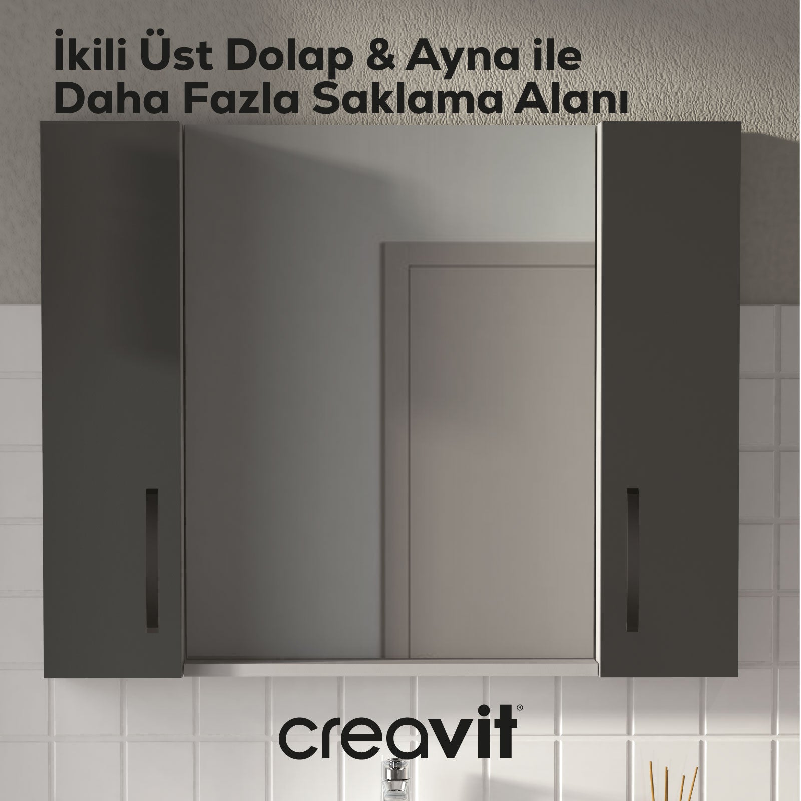 D10 20 cm Sol Üst Dolap Gri Melamin Gövde Antrasit Kapak - Creavit | Banyo Bu Tarafta