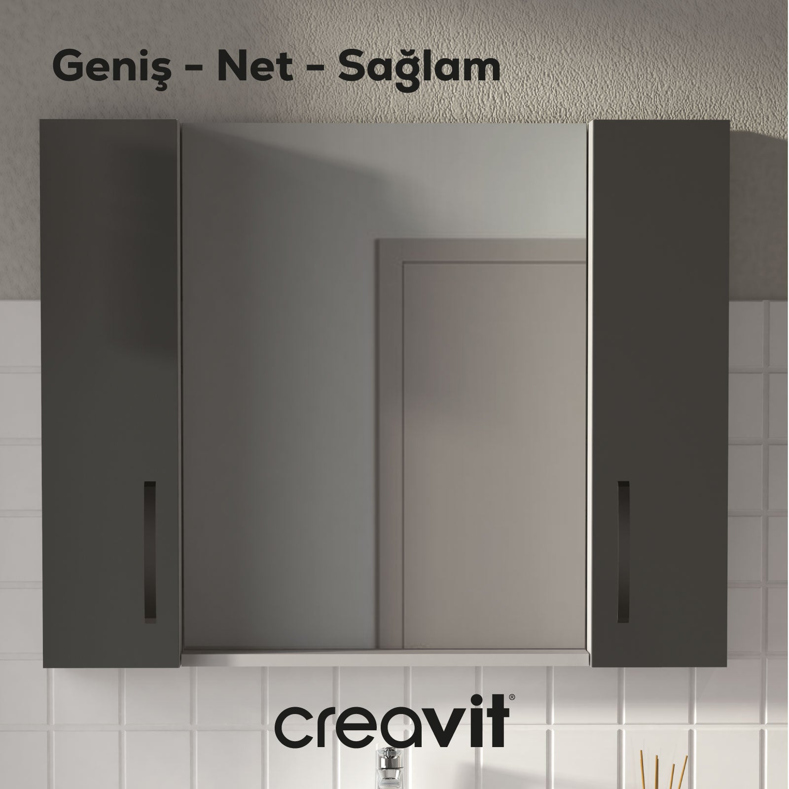 D10 45 cm Melamin Raflı Ayna Gri - Creavit | Banyo Bu Tarafta