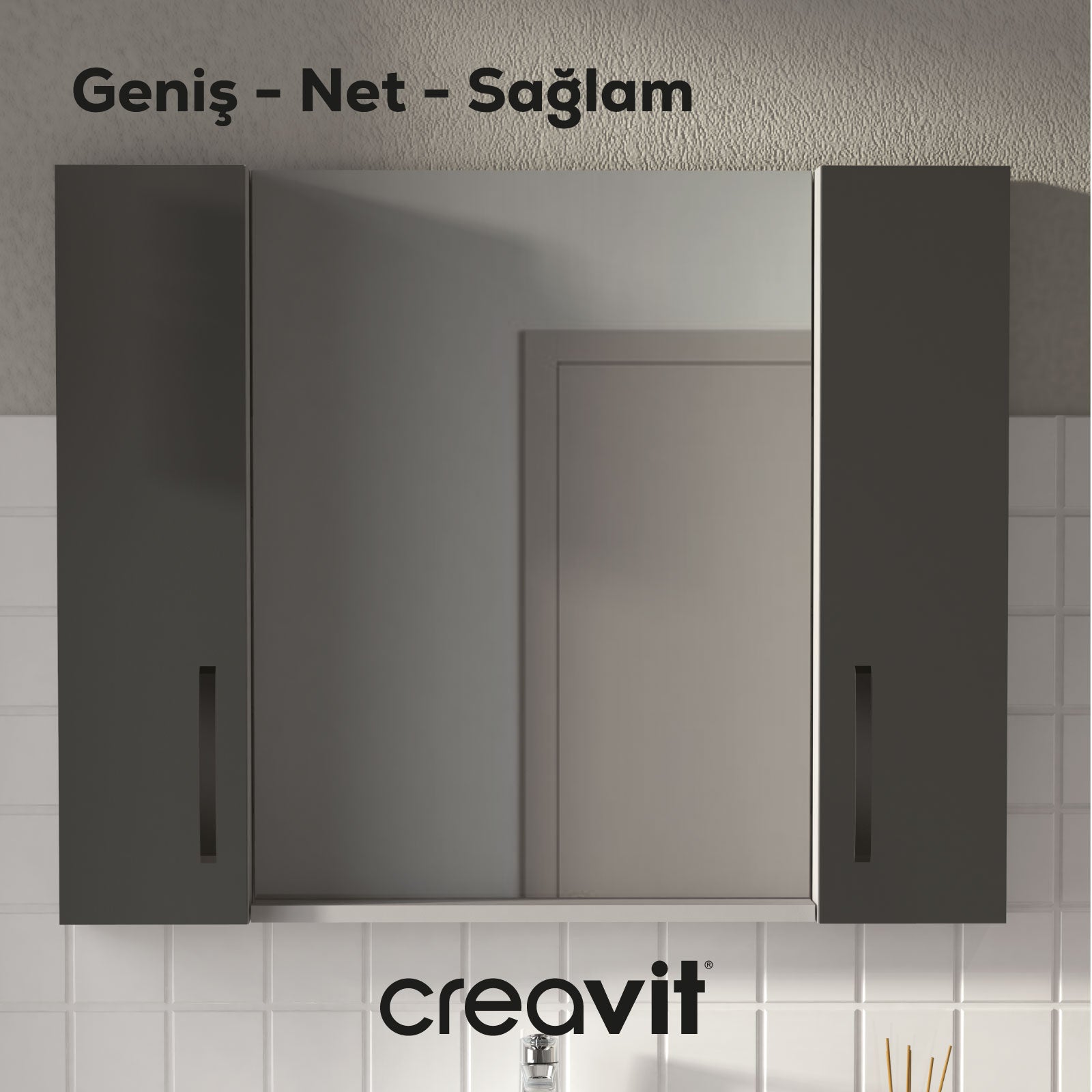 D10 60 cm Melamin Raflı Ayna Gri - Creavit | Banyo Bu Tarafta