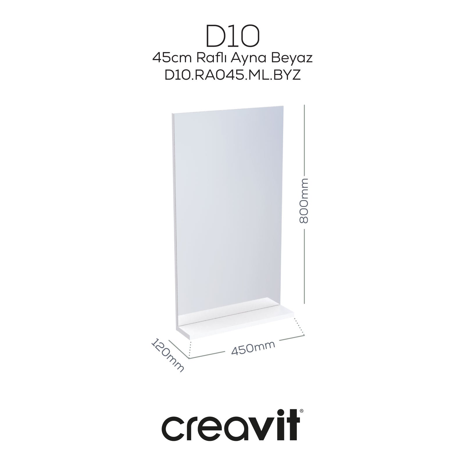 D10 45 cm Melamin Raflı Ayna Beyaz - Creavit | Banyo Bu Tarafta