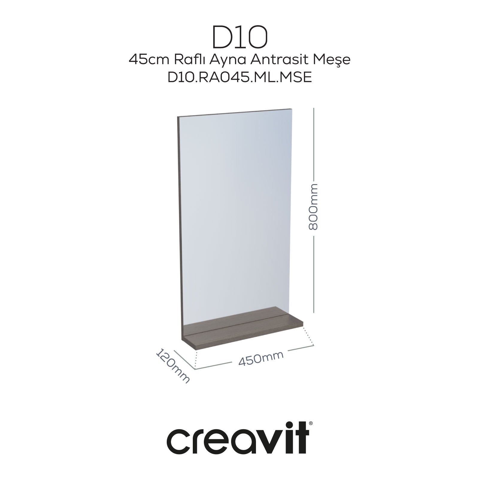 D10 45 cm Melamin Raflı Ayna Antrasit Meşe - Creavit | Banyo Bu Tarafta