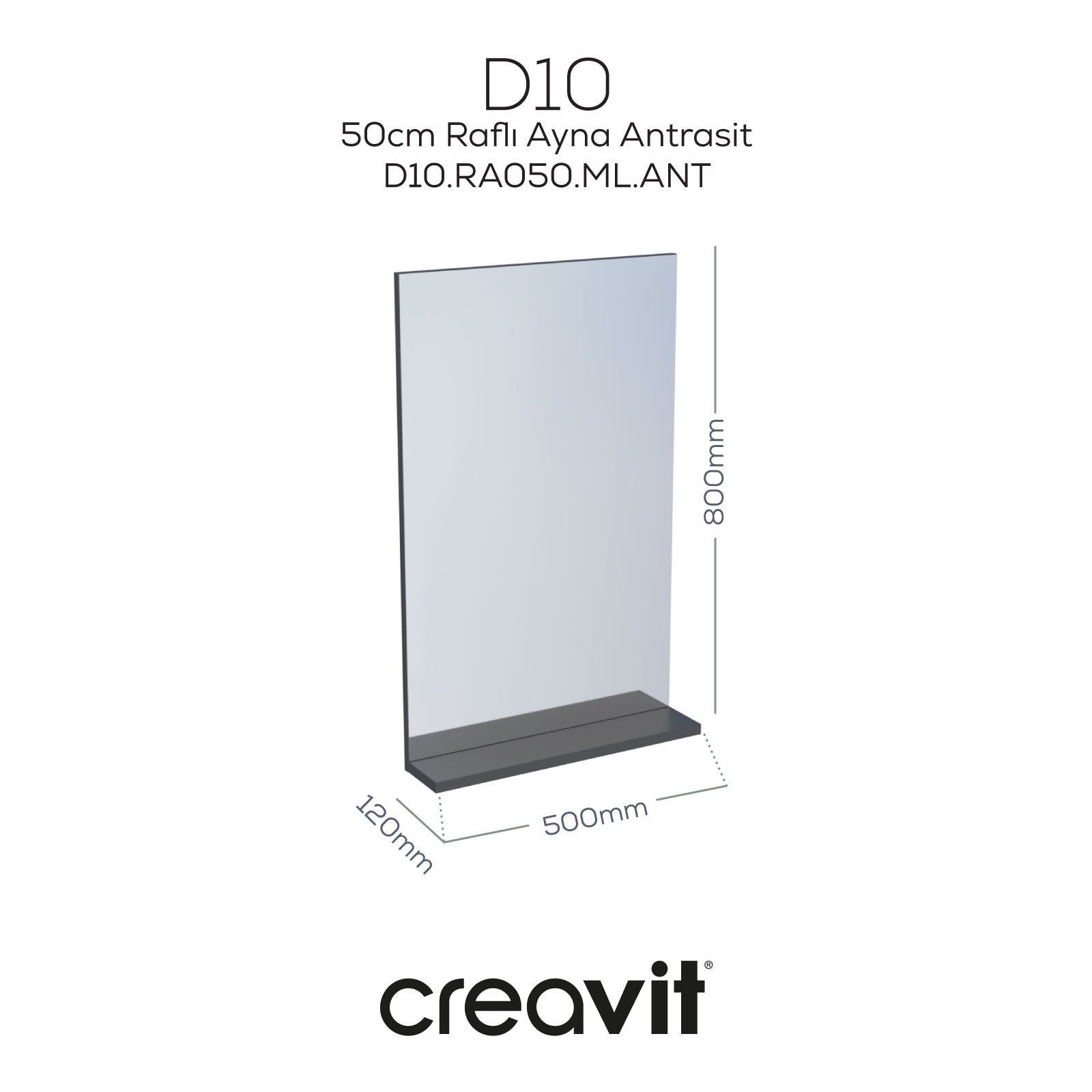D10 50 cm Melamin Raflı Ayna Antrasit - Creavit | Banyo Bu Tarafta