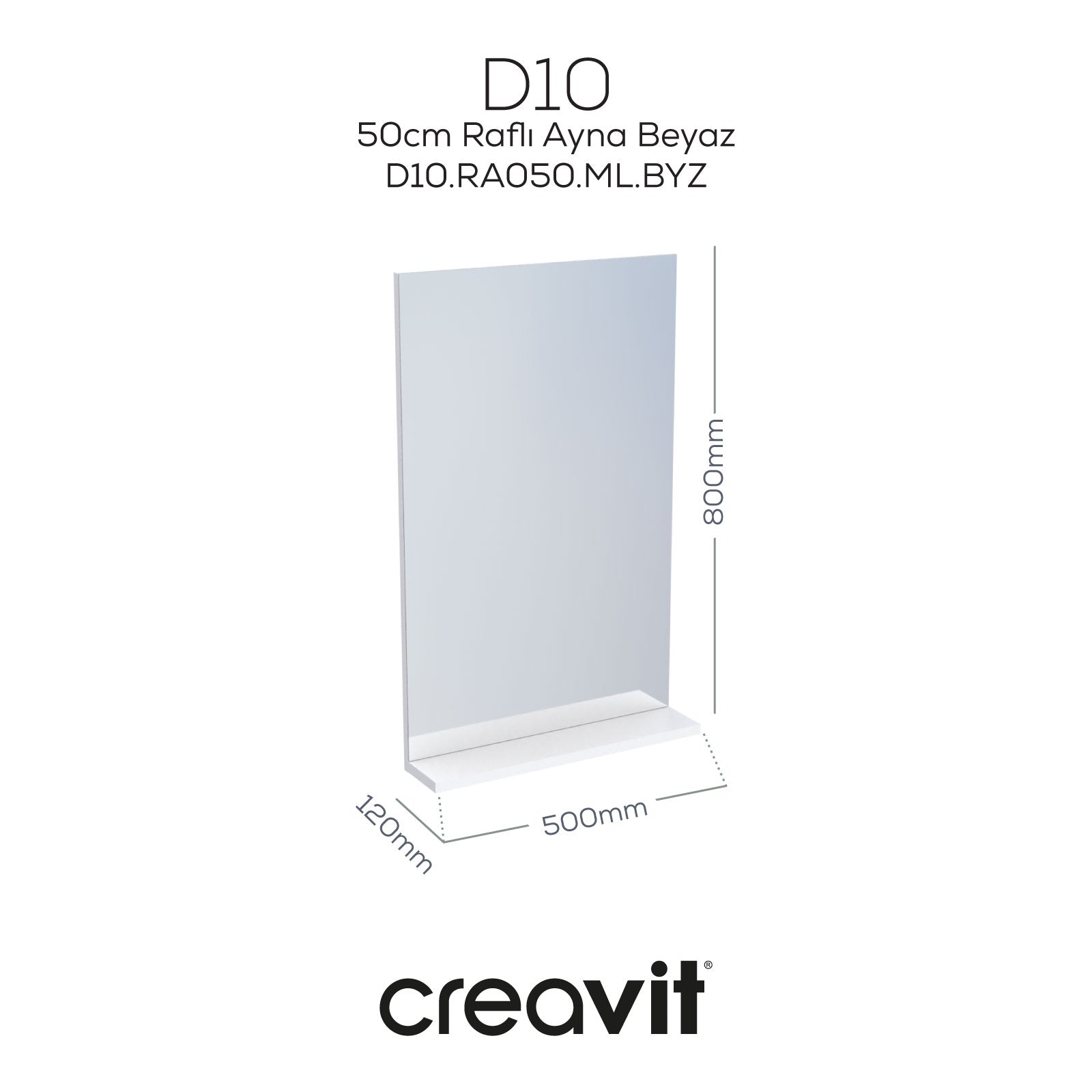D10 50 cm Melamin Raflı Ayna Beyaz - Creavit | Banyo Bu Tarafta