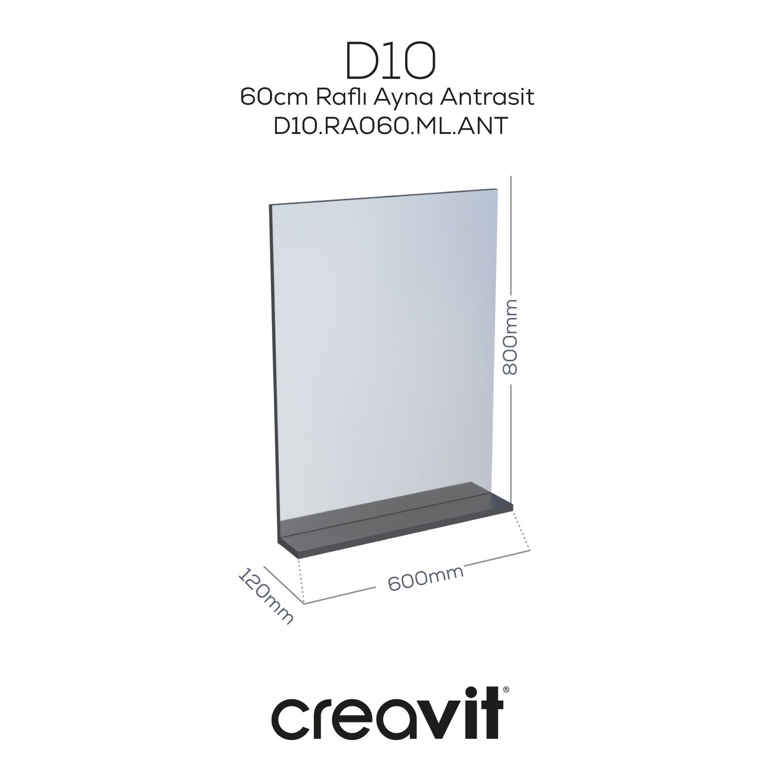 D10 60 cm Melamin Raflı Ayna Antrasit - Creavit | Banyo Bu Tarafta
