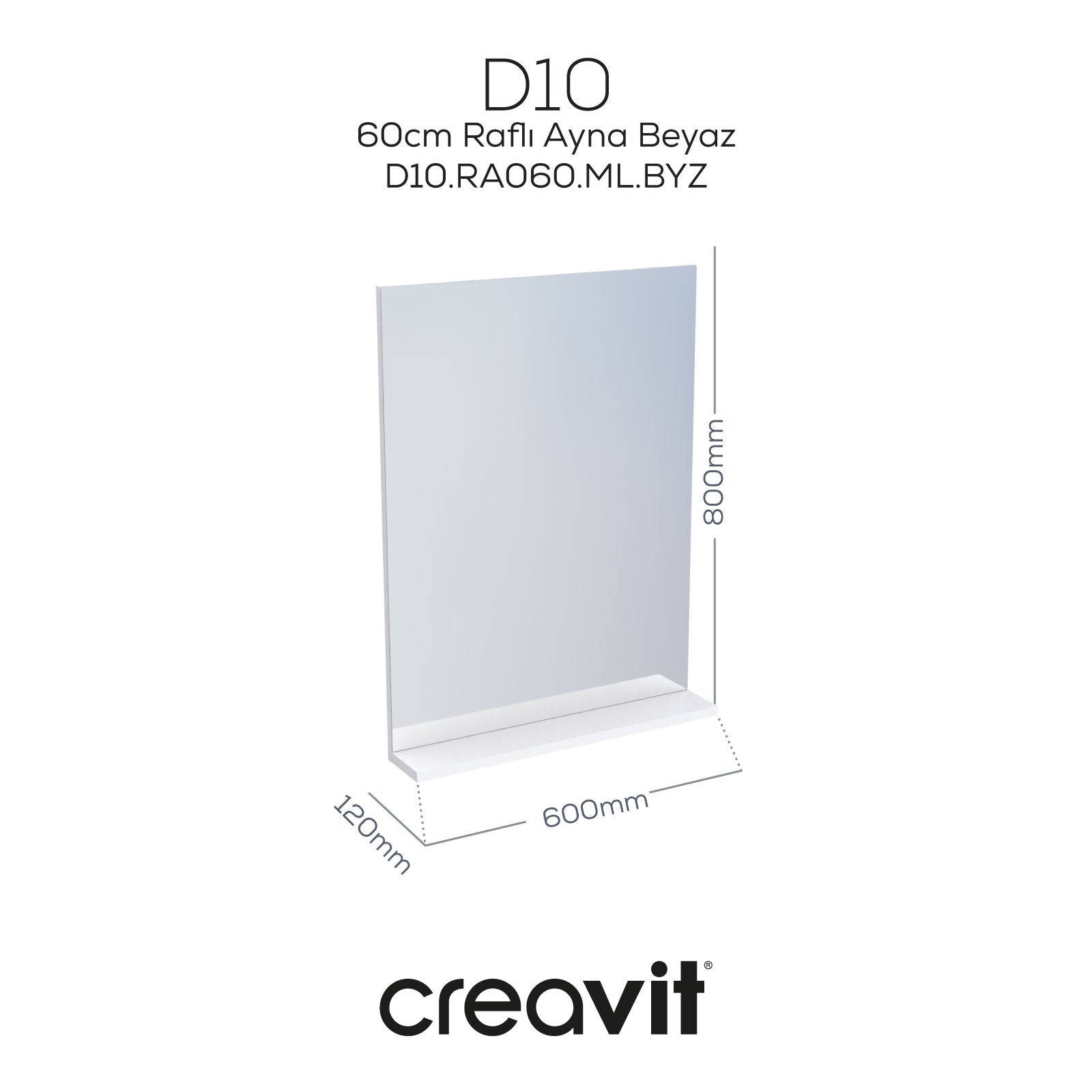 D10 60 cm Melamin Raflı Ayna Beyaz - Creavit | Banyo Bu Tarafta