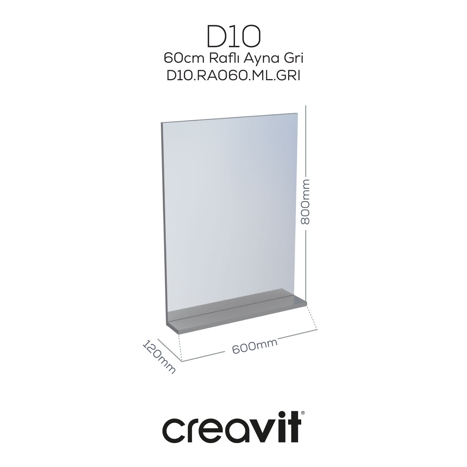 D10 60 cm Melamin Raflı Ayna Gri - Creavit | Banyo Bu Tarafta
