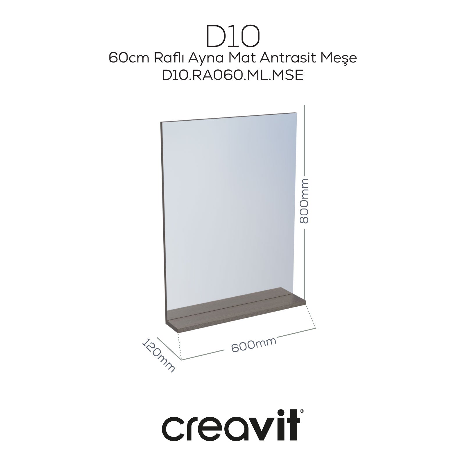 D10 60 cm Melamin Raflı Ayna Antrasit Meşe - Creavit | Banyo Bu Tarafta