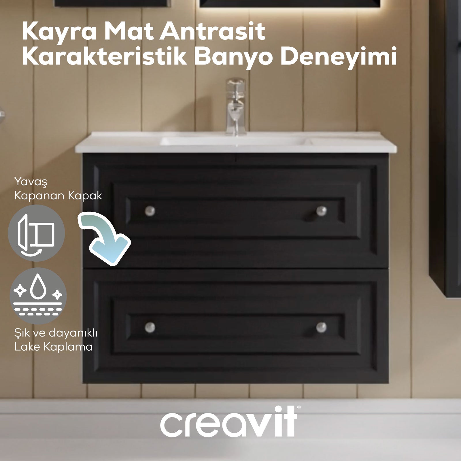 Kayra Lavabo Dolabı Çekmeceli 80cm Mat Antrasit - Creavit | Banyo Bu Tarafta