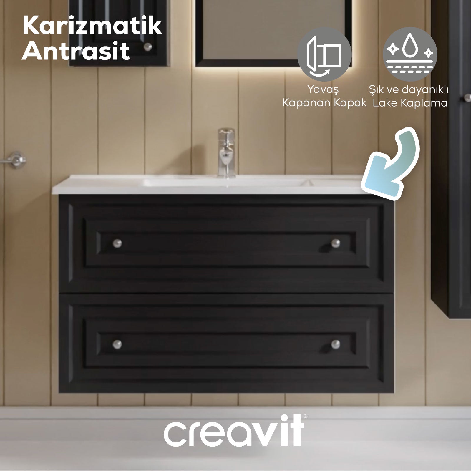 Kayra Lavabo Dolabı Çekmeceli 100cm Mat Antrasit - Creavit | Banyo Bu Tarafta