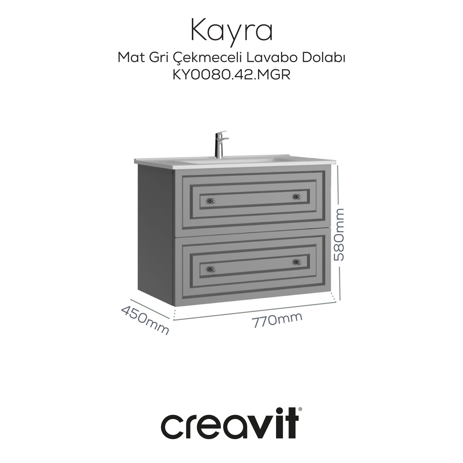 Kayra Lavabo Dolabı Çekmeceli 80cm Mat Gri - Creavit | Banyo Bu Tarafta