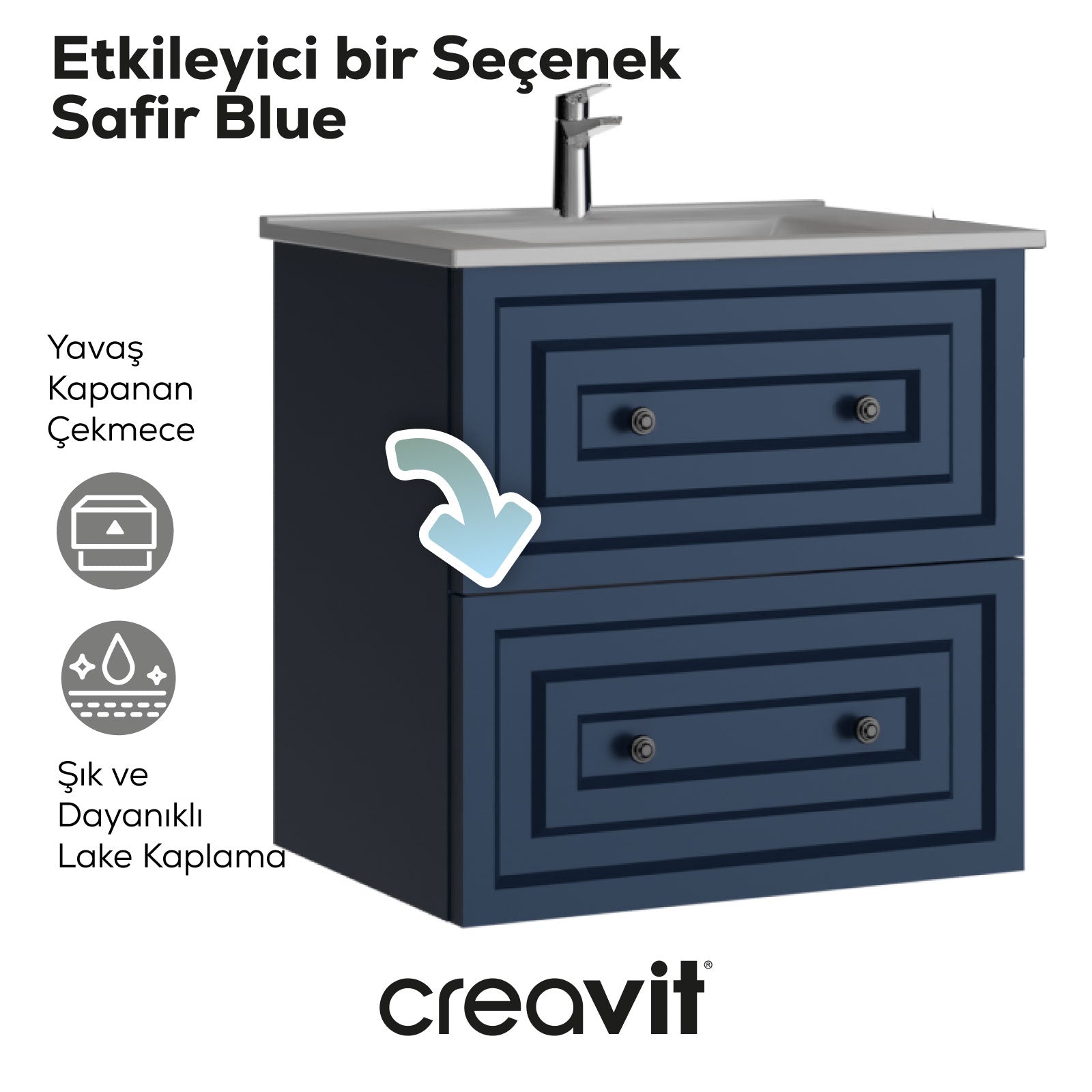 Kayra Mat Safir Blue Çekmeceli Lavabo Dolabı 60 cm - Creavit | Banyo Bu Tarafta