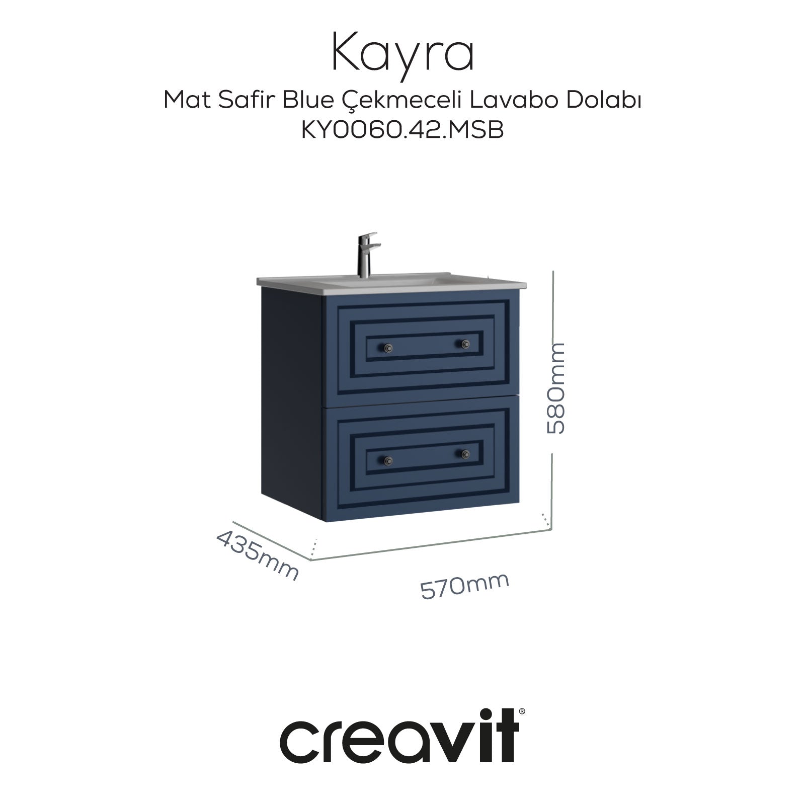 Kayra Mat Safir Blue Çekmeceli Lavabo Dolabı 60 cm - Creavit | Banyo Bu Tarafta