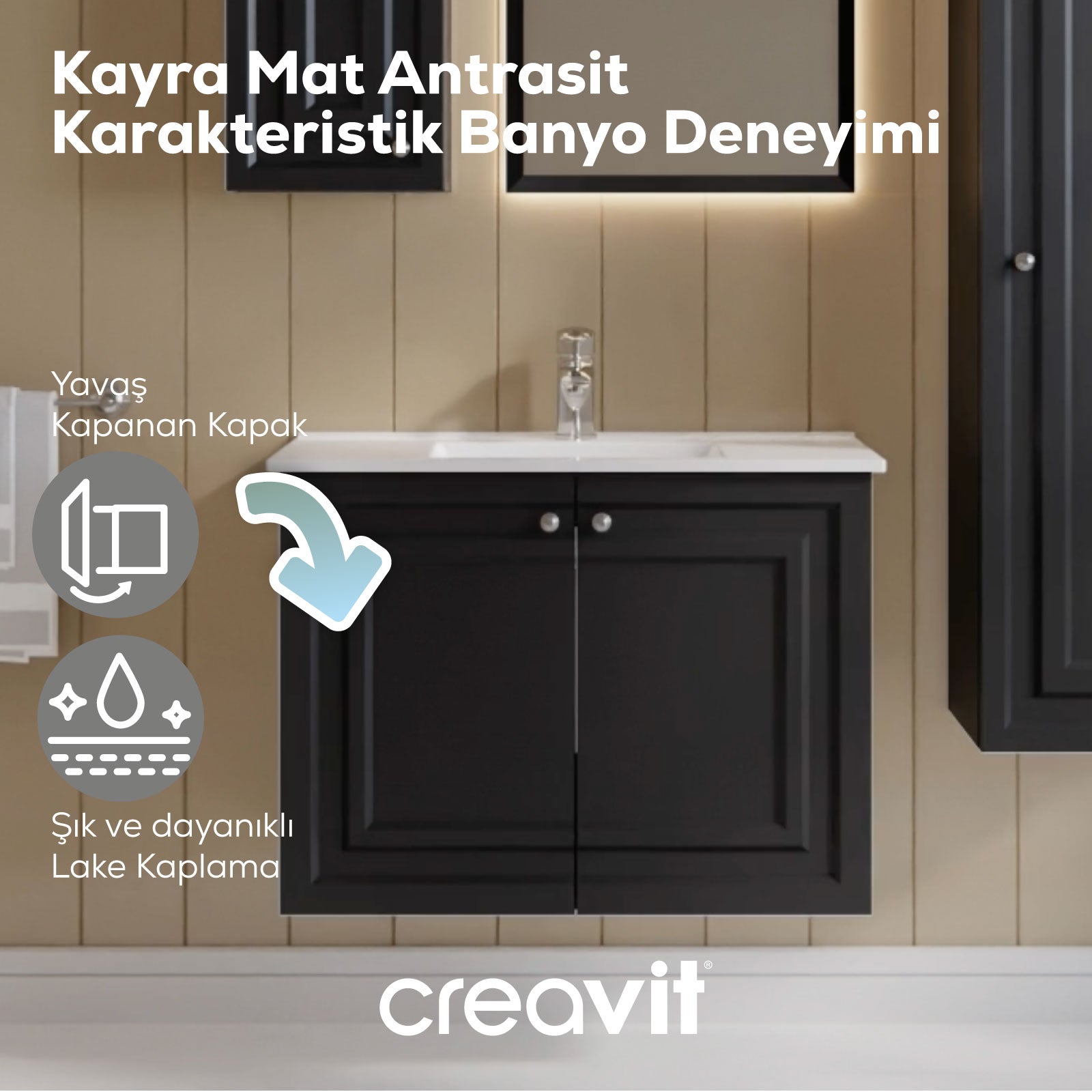 Creavit, Kayra Lavabo Dolabı Kapaklı 80cm, Mat Antrasit