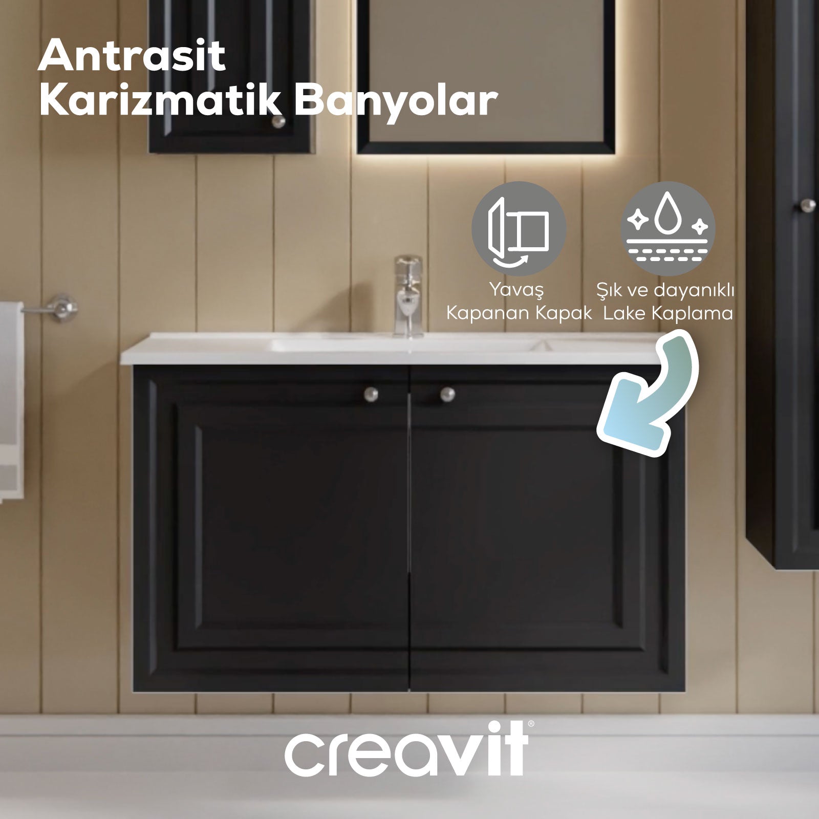 Creavit, Kayra Lavabo Dolabı Kapaklı 100cm, Mat Antrasit