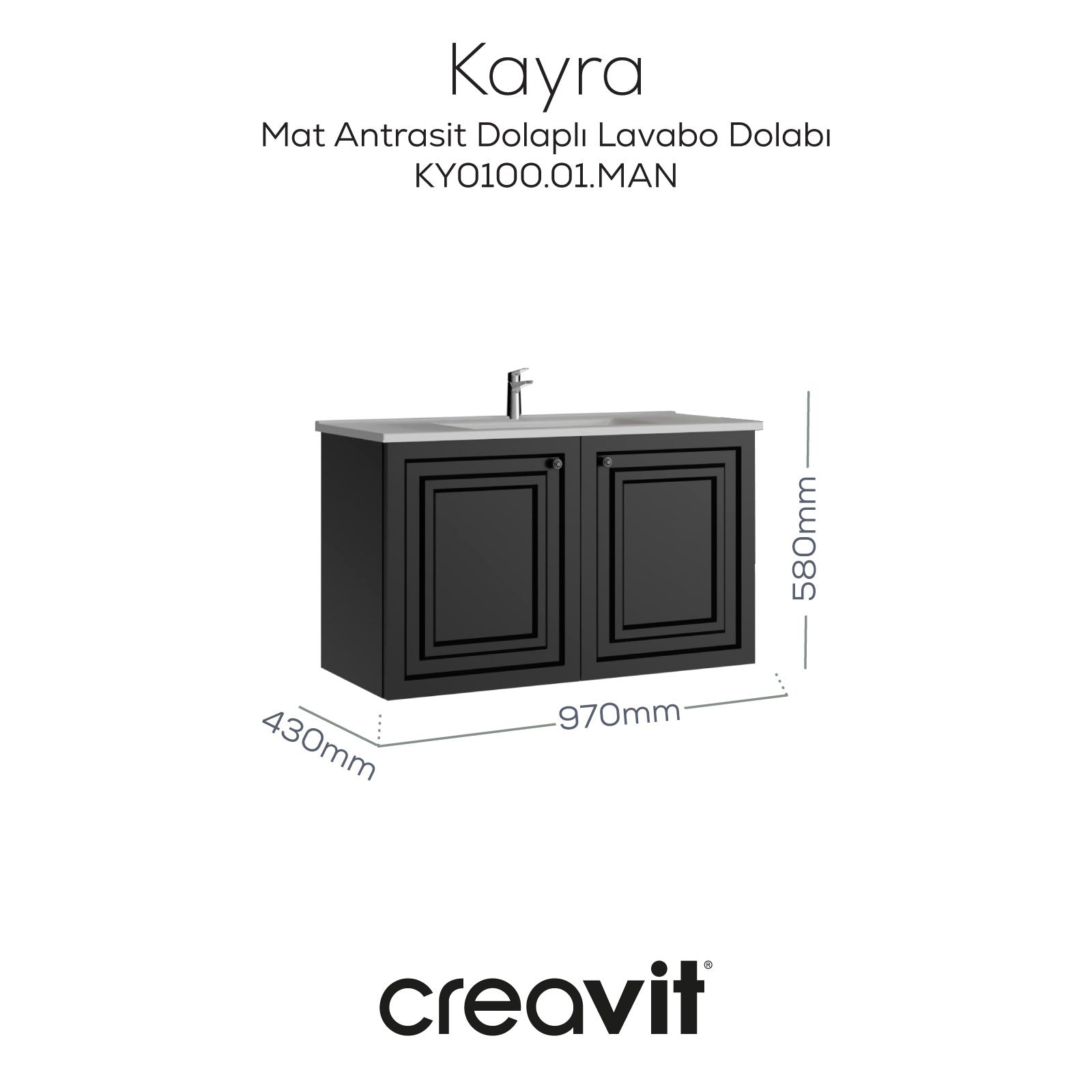 Kayra Lavabo Dolabı Kapaklı 100cm Mat Antrasit - Creavit | Banyo Bu Tarafta