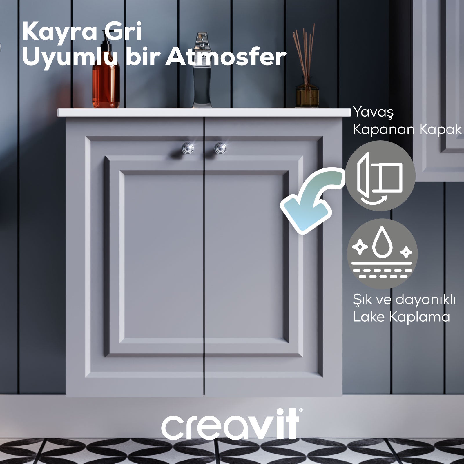 Kayra Lavabo Dolabı Kapaklı 60cm Mat Gri - Creavit | Banyo Bu Tarafta