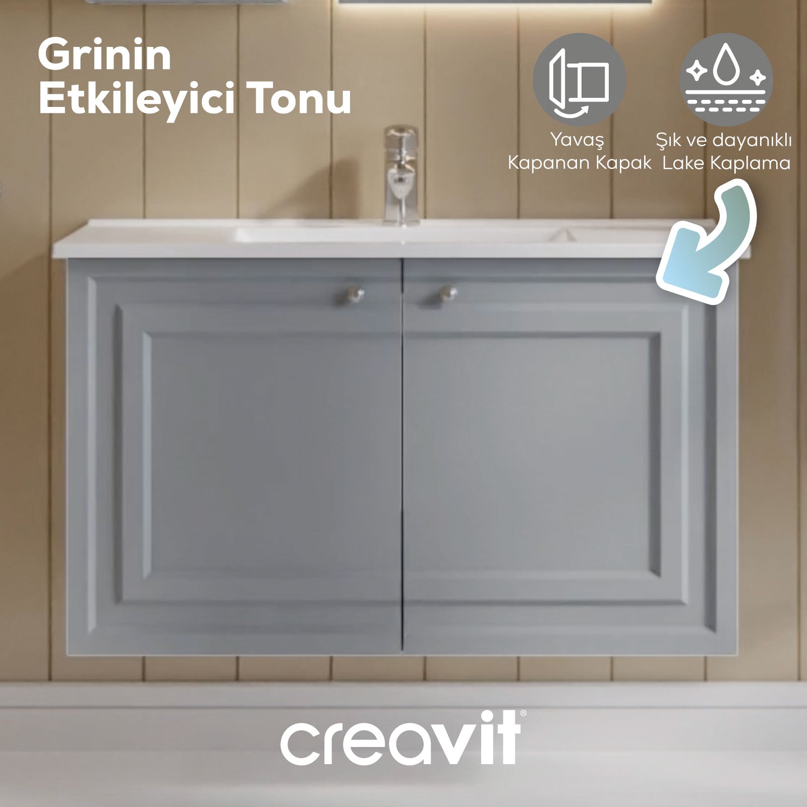 Creavit, Kayra Lavabo Dolabı Kapaklı 100cm, Mat Gri