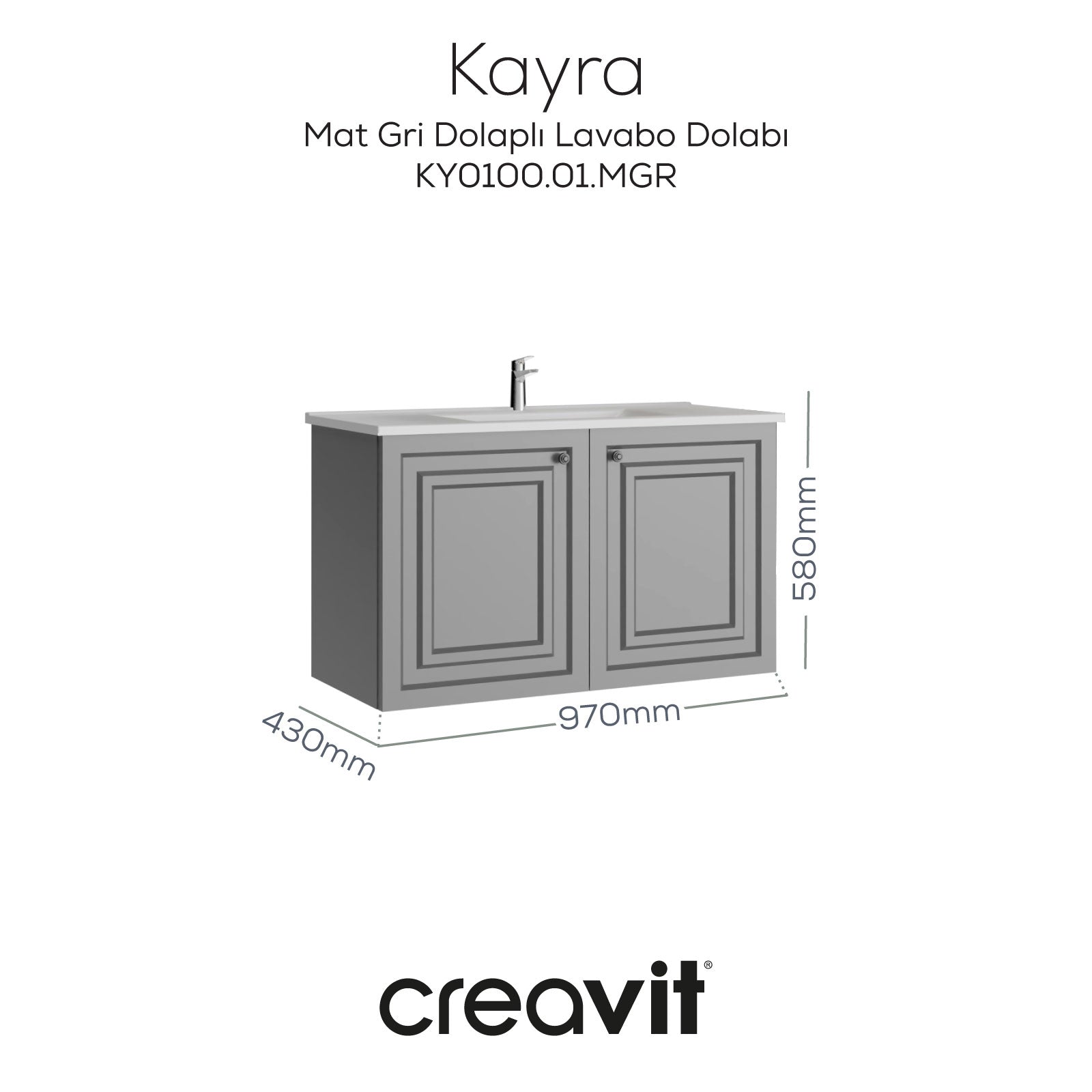 Kayra Lavabo Dolabı Kapaklı 100cm Mat Gri - Creavit | Banyo Bu Tarafta