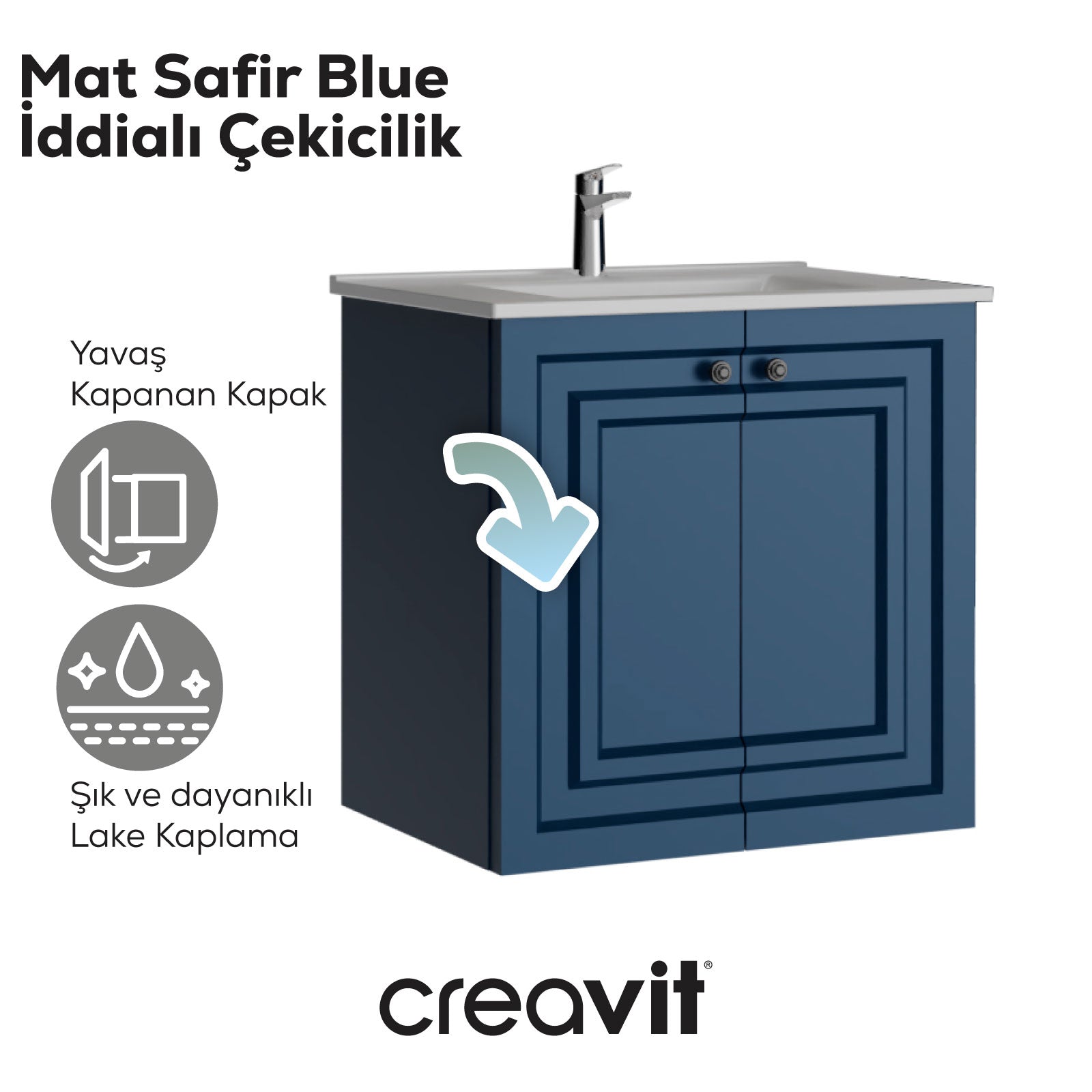 Kayra Mat Safir Blue Kapaklı Lavabo Dolabı 60 cm - Creavit | Banyo Bu Tarafta