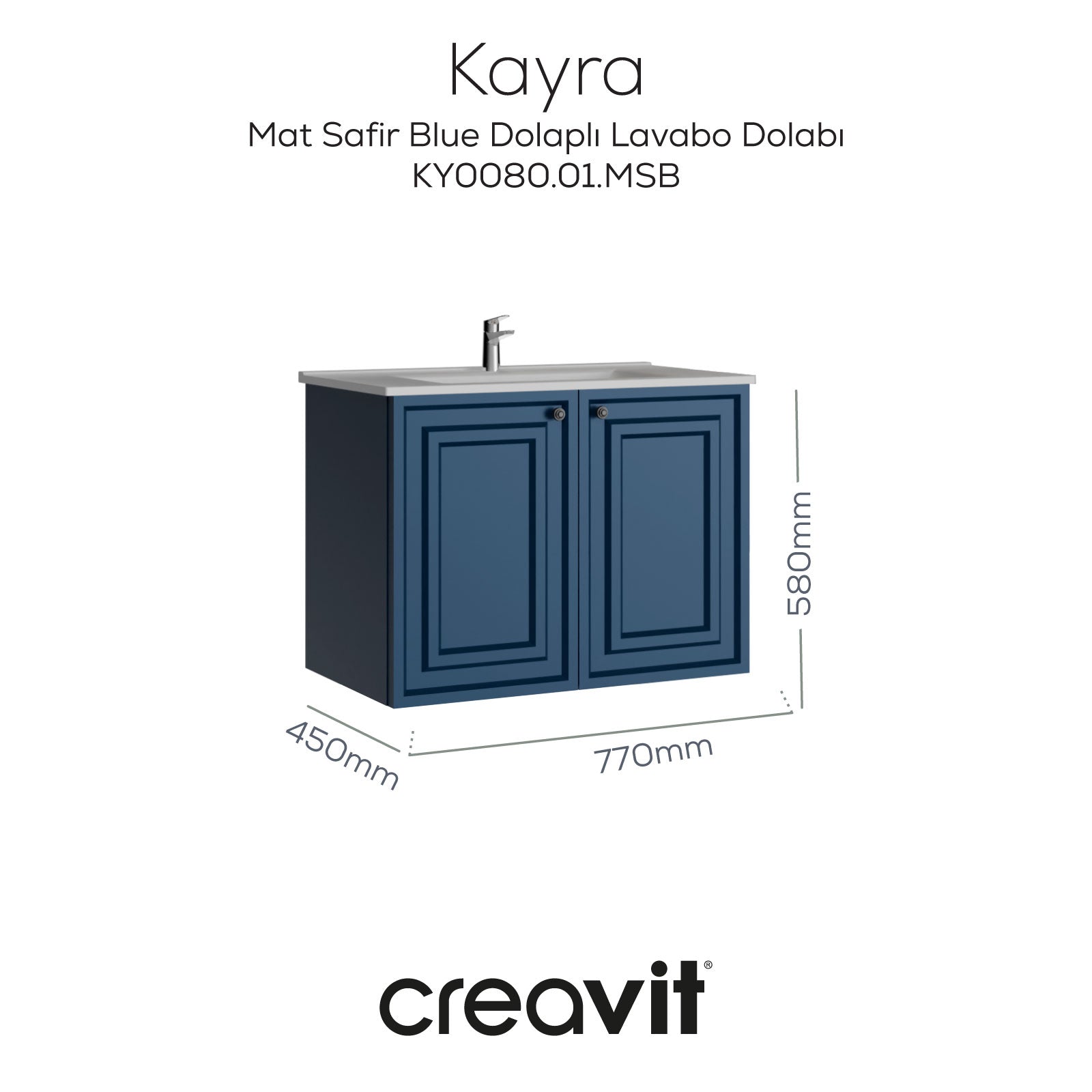 Kayra Mat Safir Blue Kapaklı Lavabo Dolabı 80cm - Creavit | Banyo Bu Tarafta