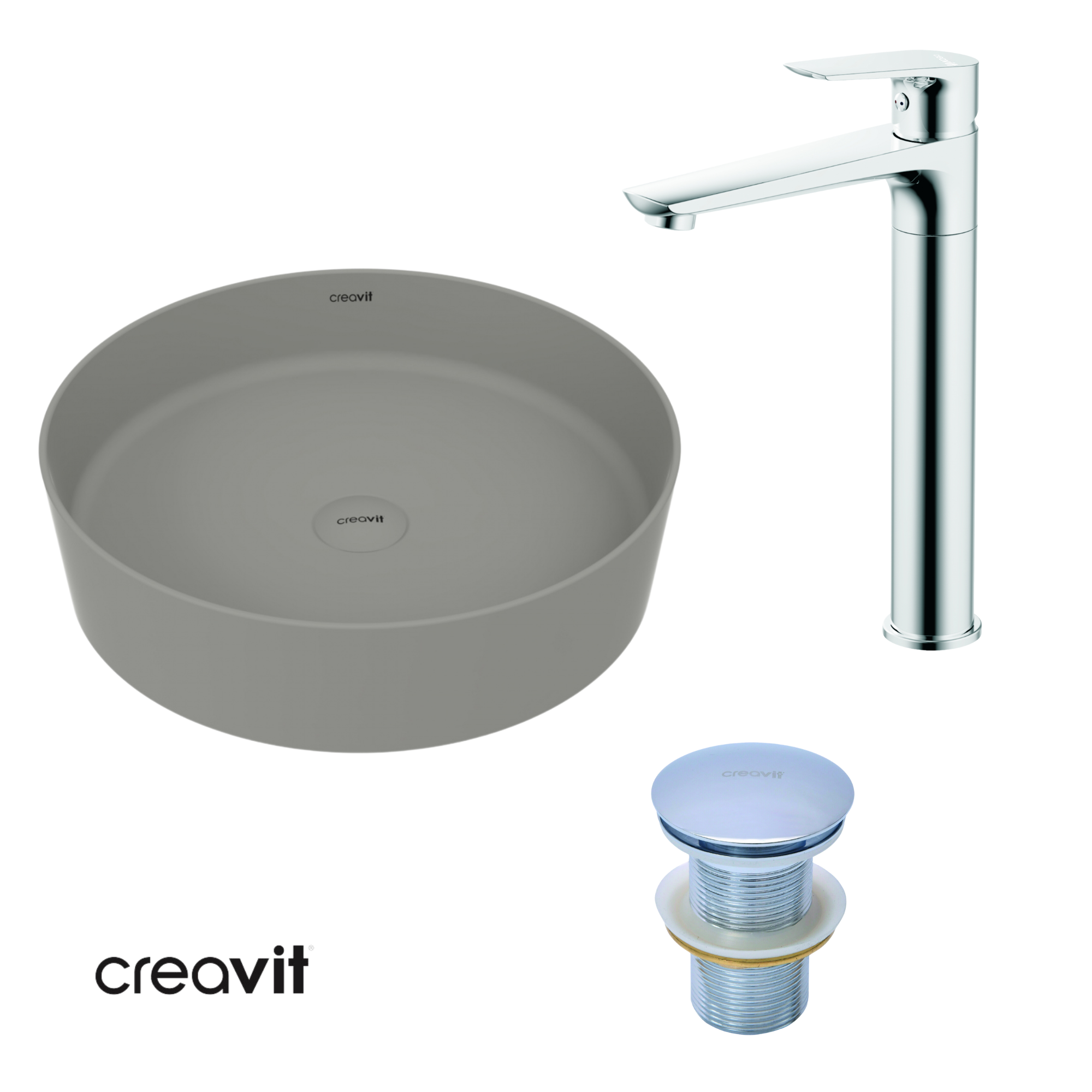 Loop Yuvarlak Çanak Lavabo Ø45 cm Cool Grey + Lavabo Sifon Başlığı + Solo Uzun Lavabo Armatürü Set