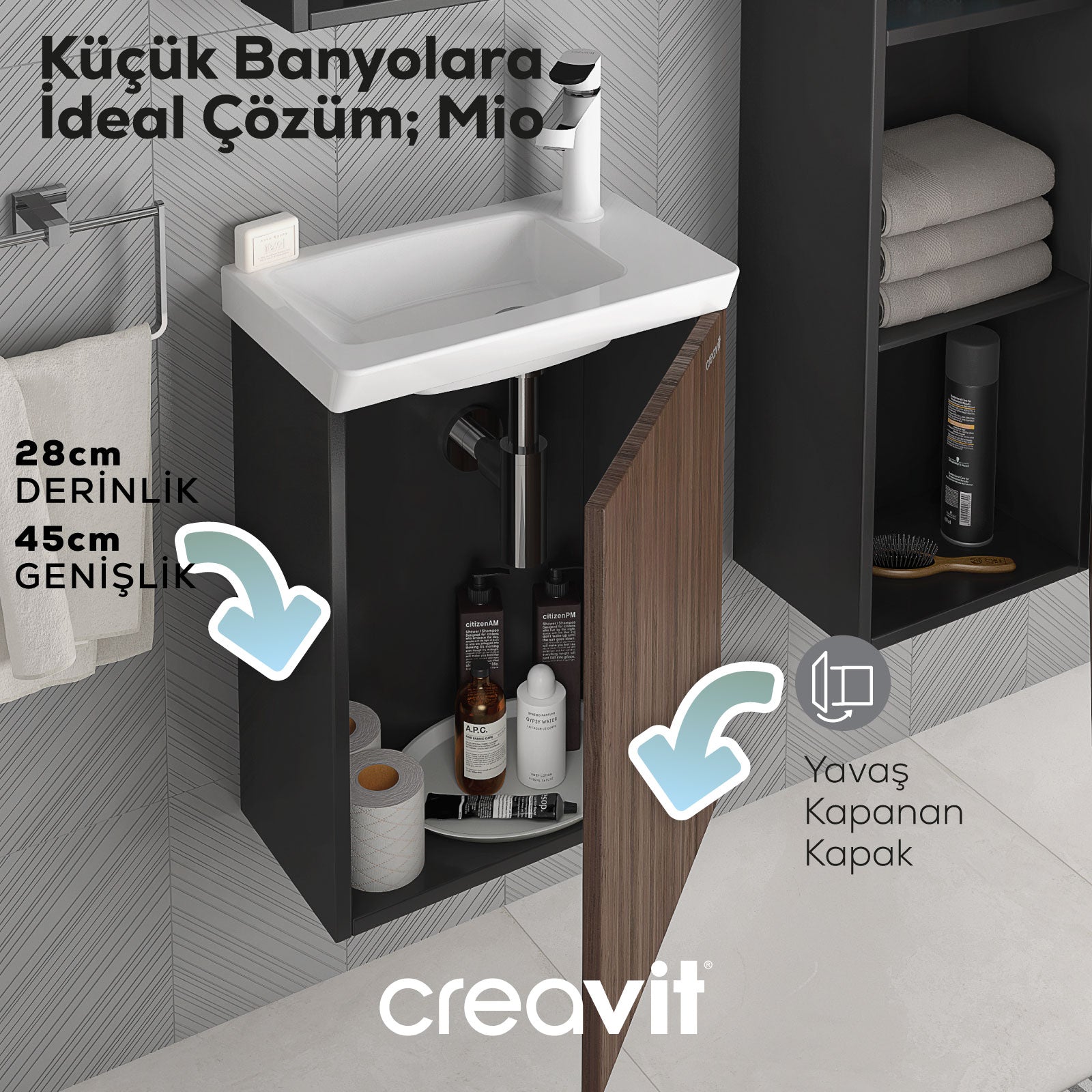 Mio Lavabo Dolabı 45 cm Antrasit-Kansas - Creavit | Banyo Bu Tarafta