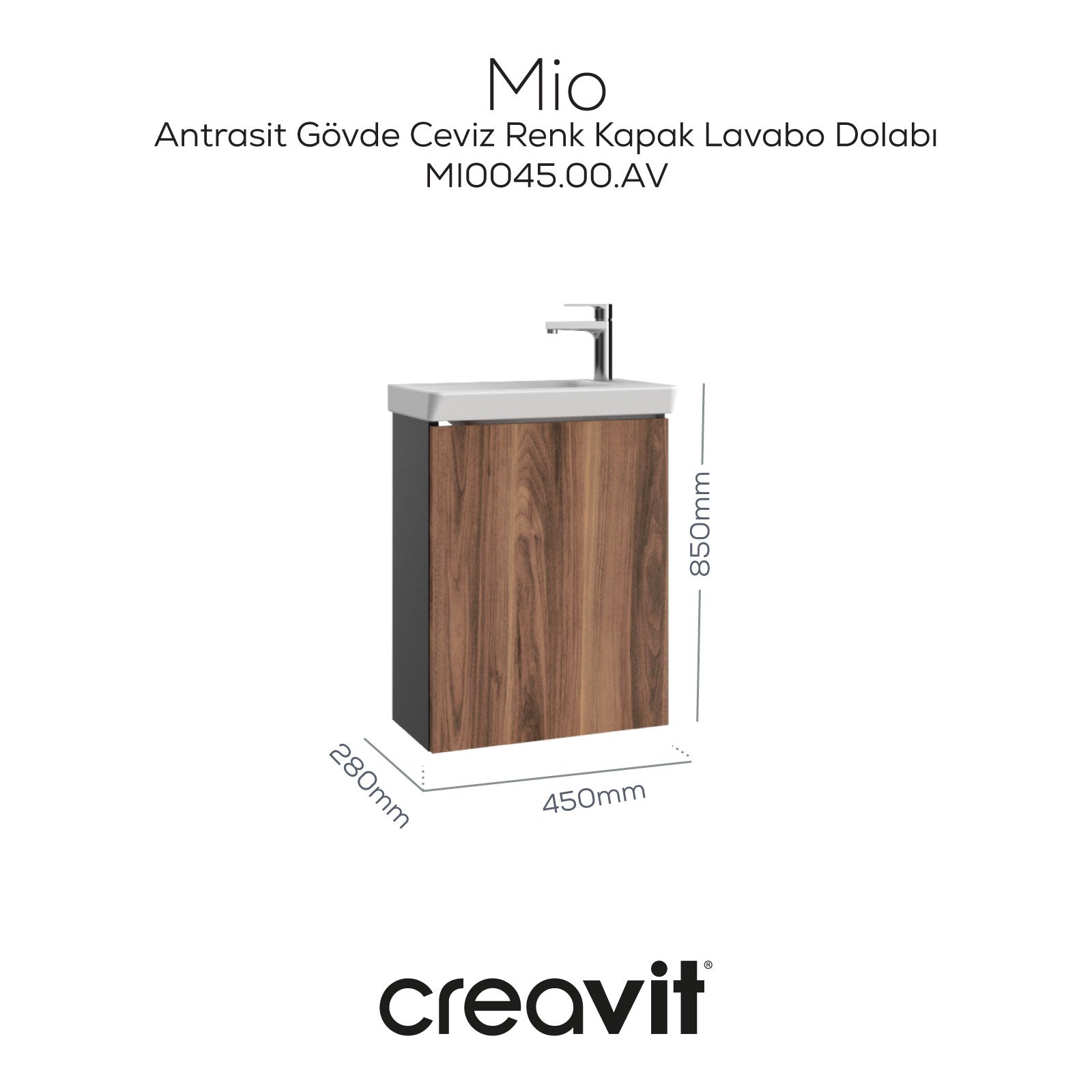 Mio Lavabo Dolabı 45 cm Antrasit-Açık Ceviz - Creavit | Banyo Bu Tarafta