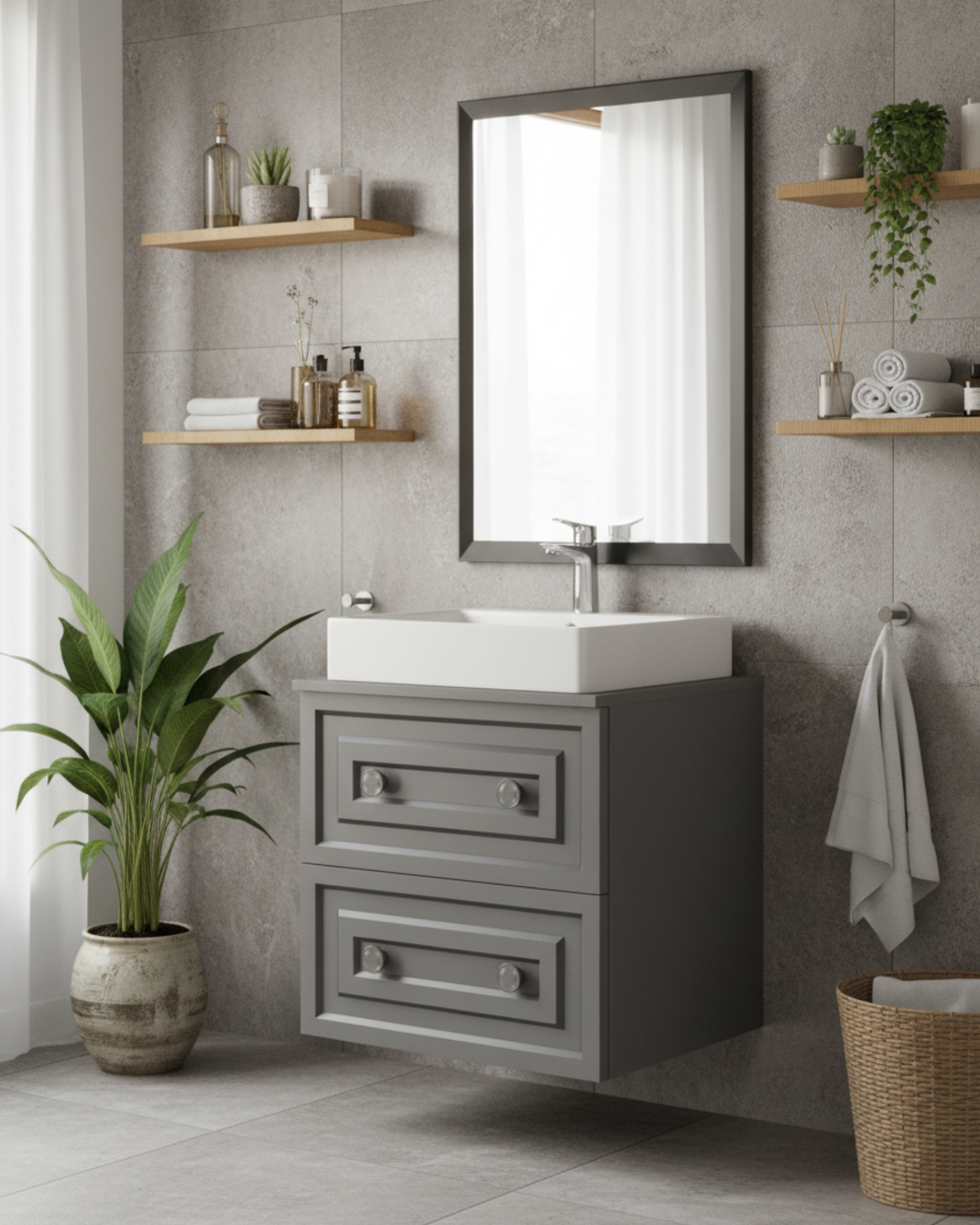 Perge 60 Cm Lavabo Dolabı Mat Gri ve Led Ayna