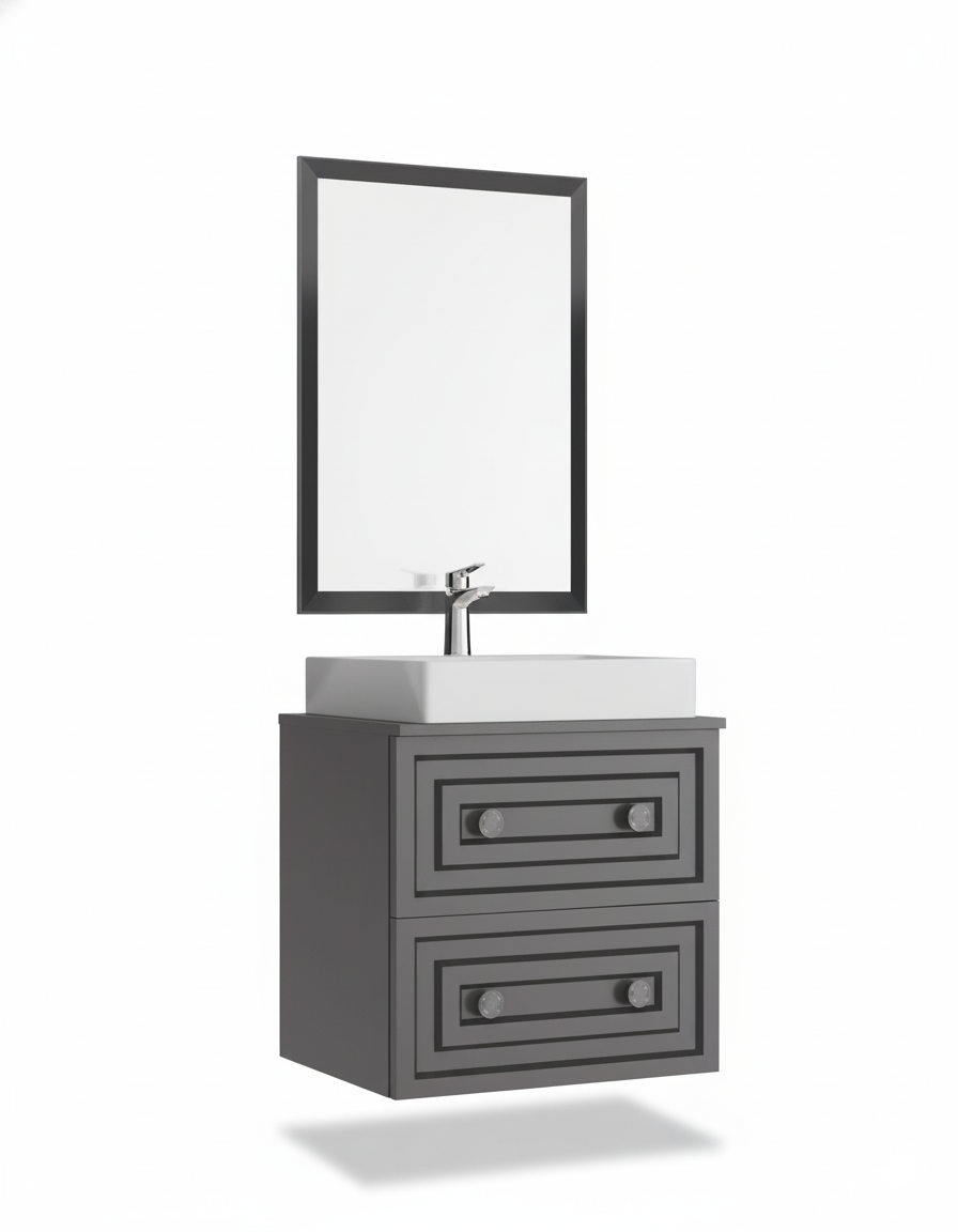 Perge 60 Cm Lavabo Dolabı Mat Gri ve Led Ayna