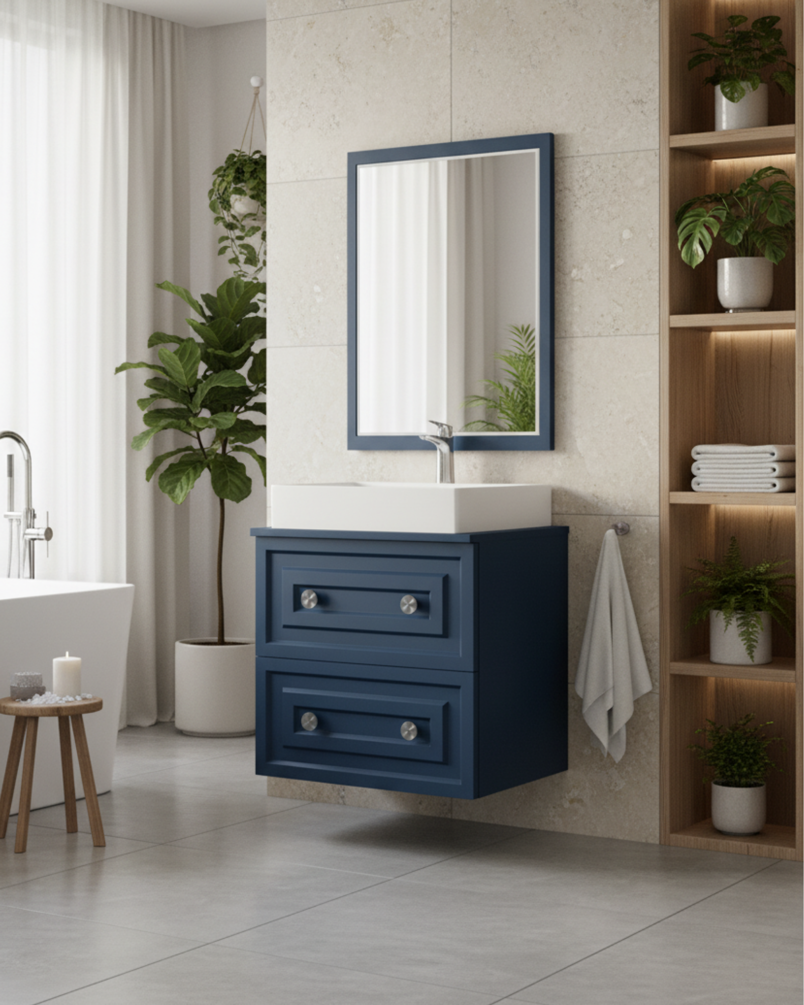 Perge 60 Cm Lavabo Dolabı Mat Safir Blue ve Led Ayna