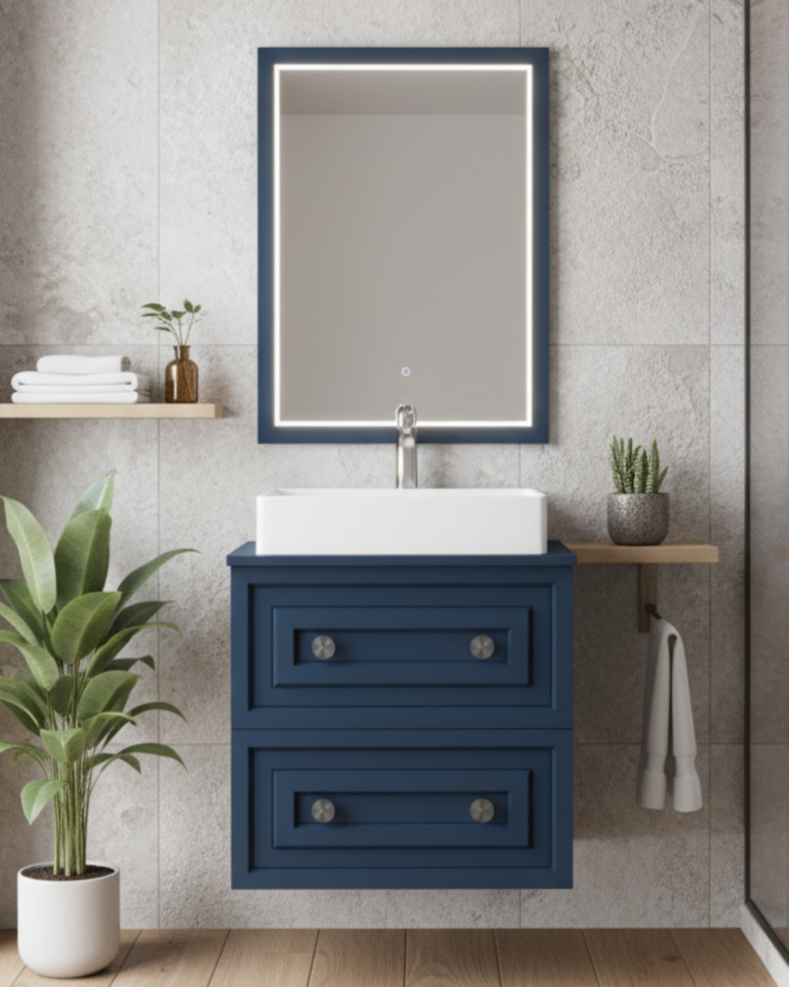 Perge 60 Cm Lavabo Dolabı Mat Safir Blue ve Led Ayna
