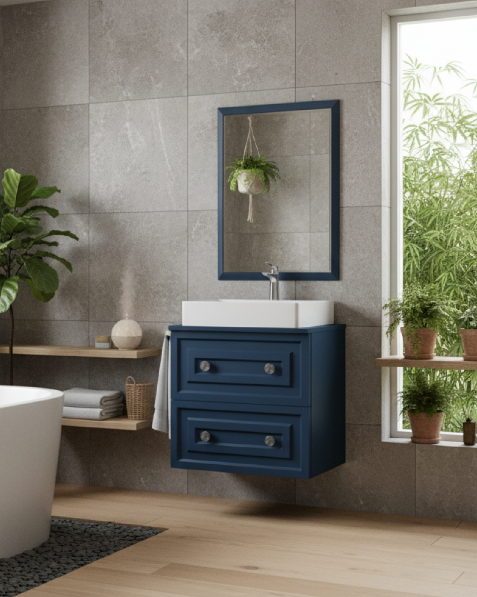 Perge 60 Cm Lavabo Dolabı Mat Safir Blue ve Led Ayna