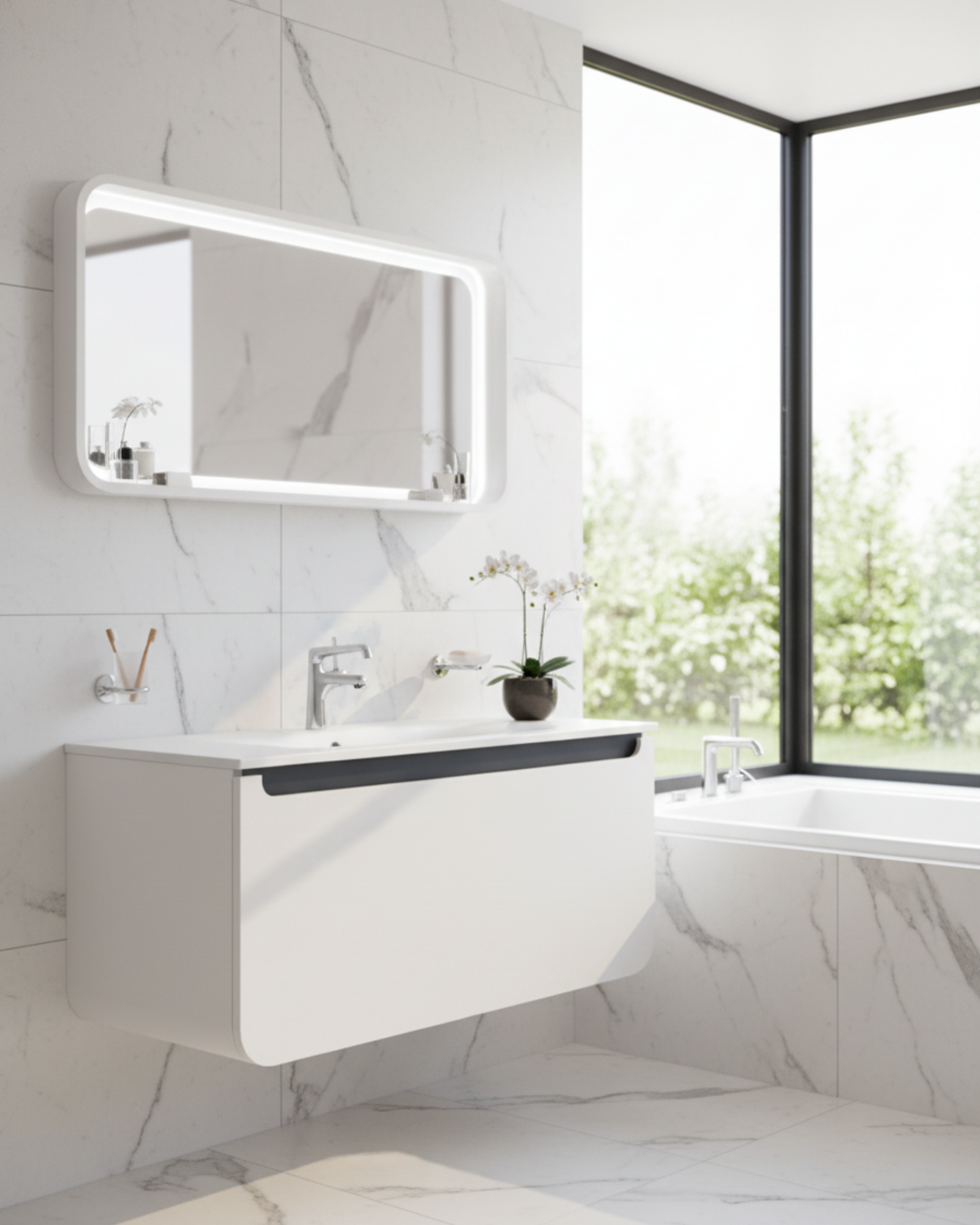 Pion 120 Cm Lavabo Dolabı Beyaz Siyah ve Led Ayna