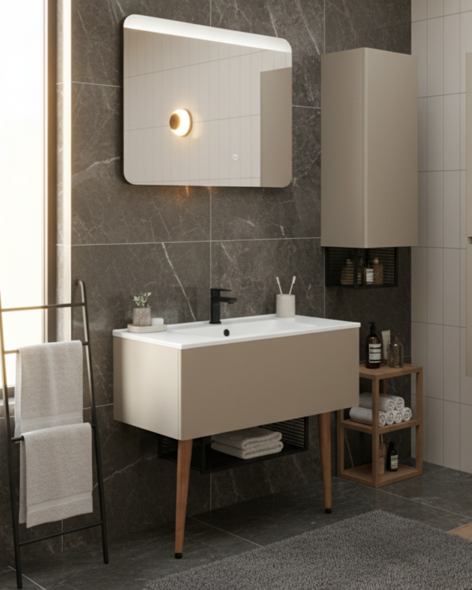 Zeon 100 Cm Lavabo Dolabı Plazzo ve Led Ayna