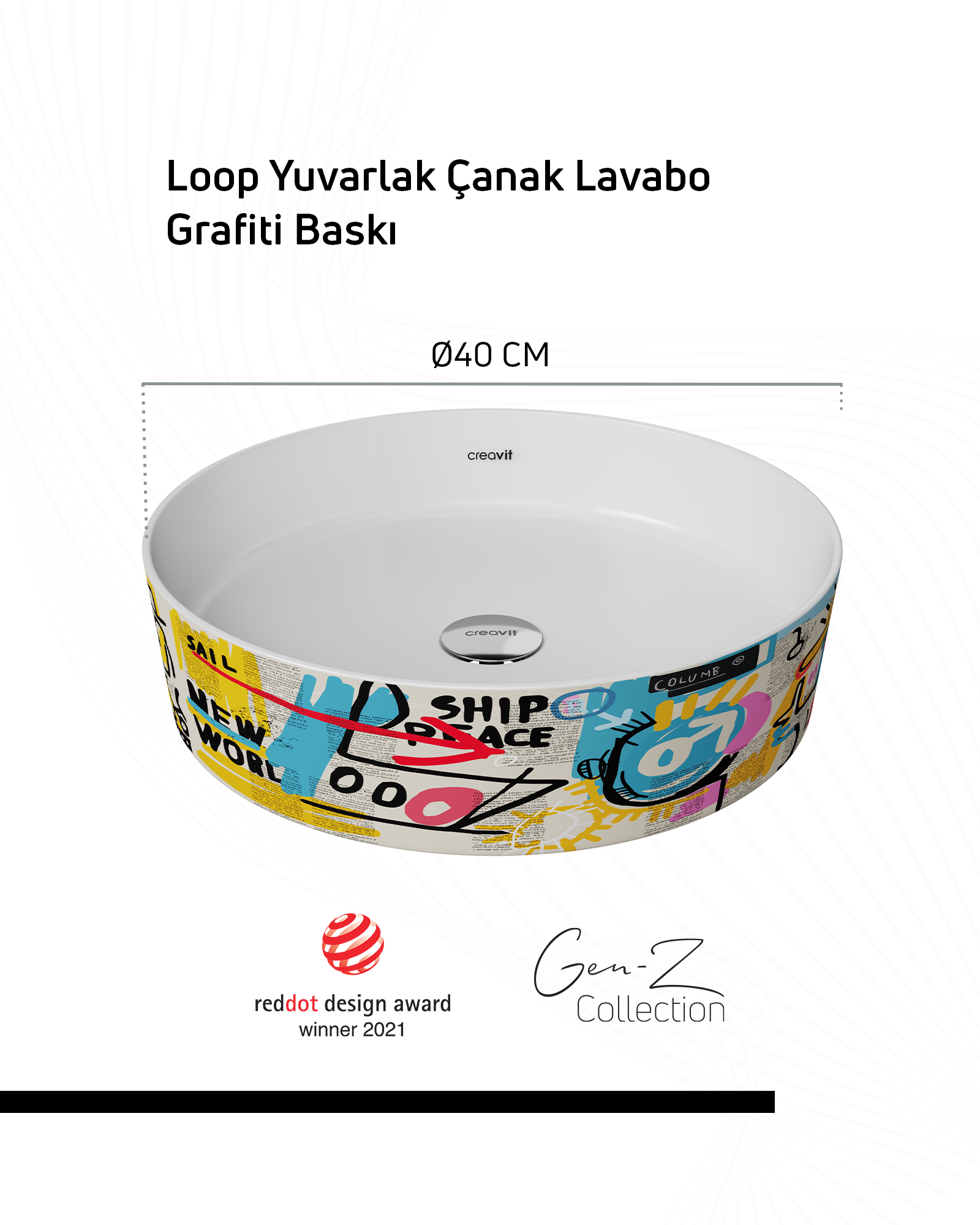 Loop Gen-Z Yuvarlak Masa Üstü Çanak Lavabo Ø40 cm Grafiti Baskı Extra Beyaz