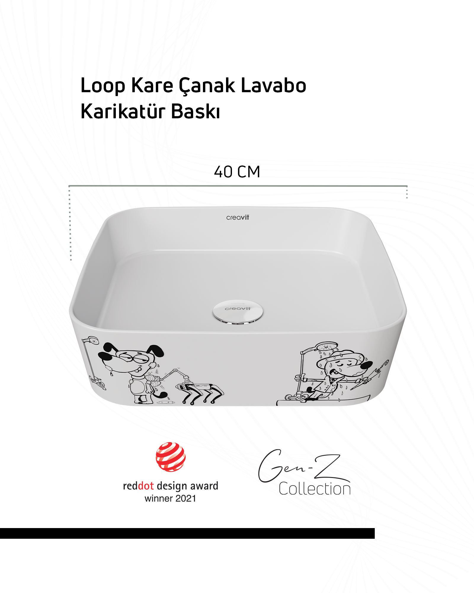 Loop Gen-Z Kare 40 cm Masa Üstü İnce Lavabo Karikatür Baskı Extra Beyaz