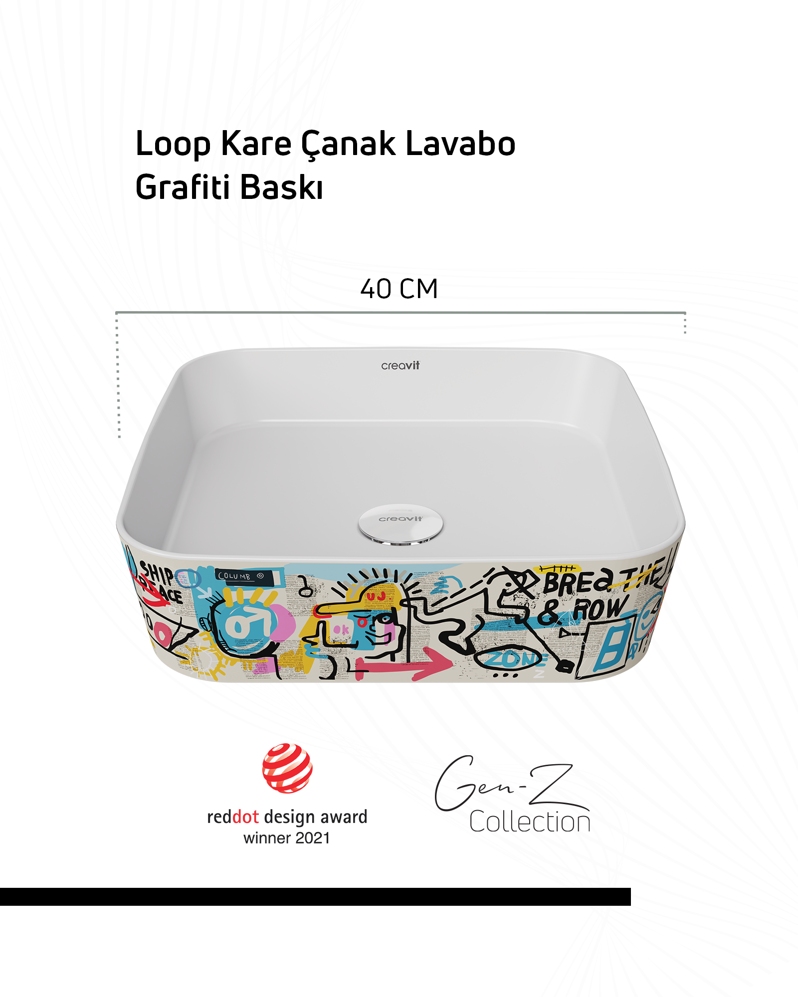 Loop Gen-Z Kare 40 cm Masa Üstü İnce Lavabo Grafiti Baskı Extra Beyaz