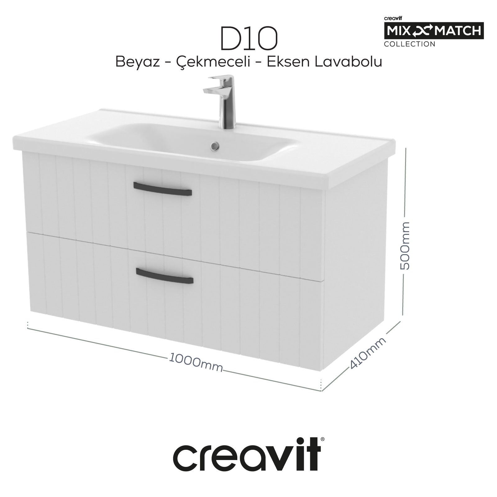 D10 100cm Eksen Lavabo Dolabı Melamin Beyaz Gövde Lake Beyaz Kapak