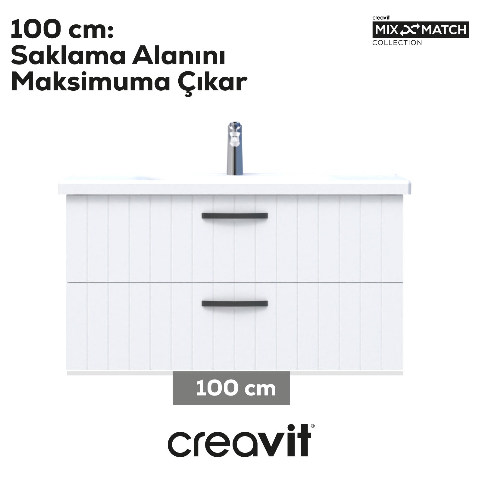 D10 100cm Eksen Lavabo Dolabı Melamin Beyaz Gövde Lake Beyaz Kapak