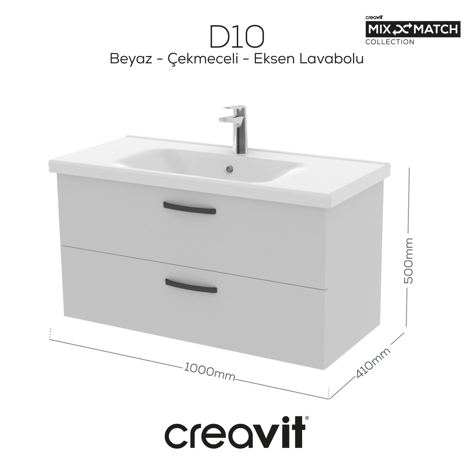 D10 100 Cm İki Çekmeceli Lavabo Dolabı Melamin Gövde Melamin Kapak Beyaz