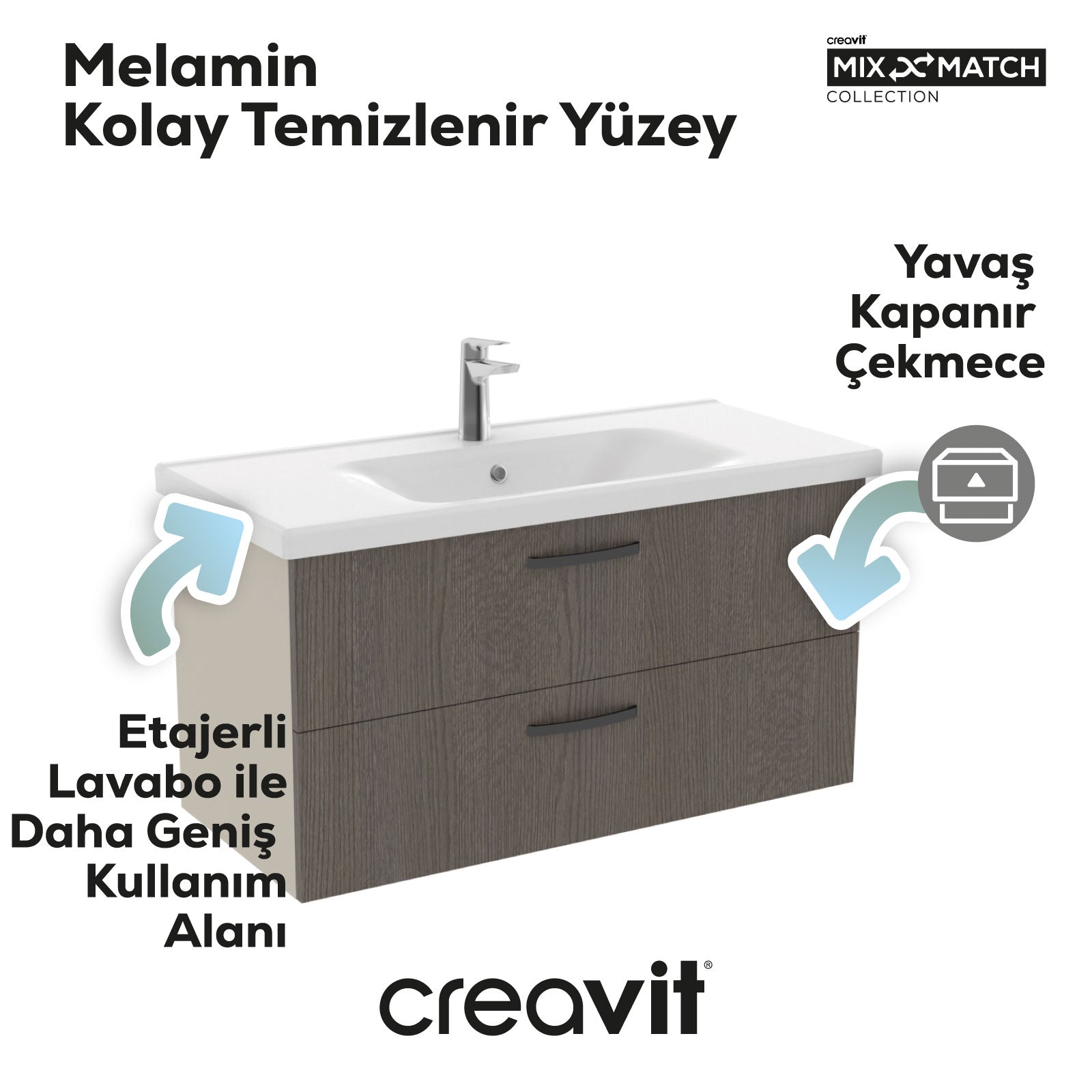 D10 100 Cm İki Çekmeceli Lavabo Dolabı Melamin Dafne Gövde Melamin Meşe Kapak