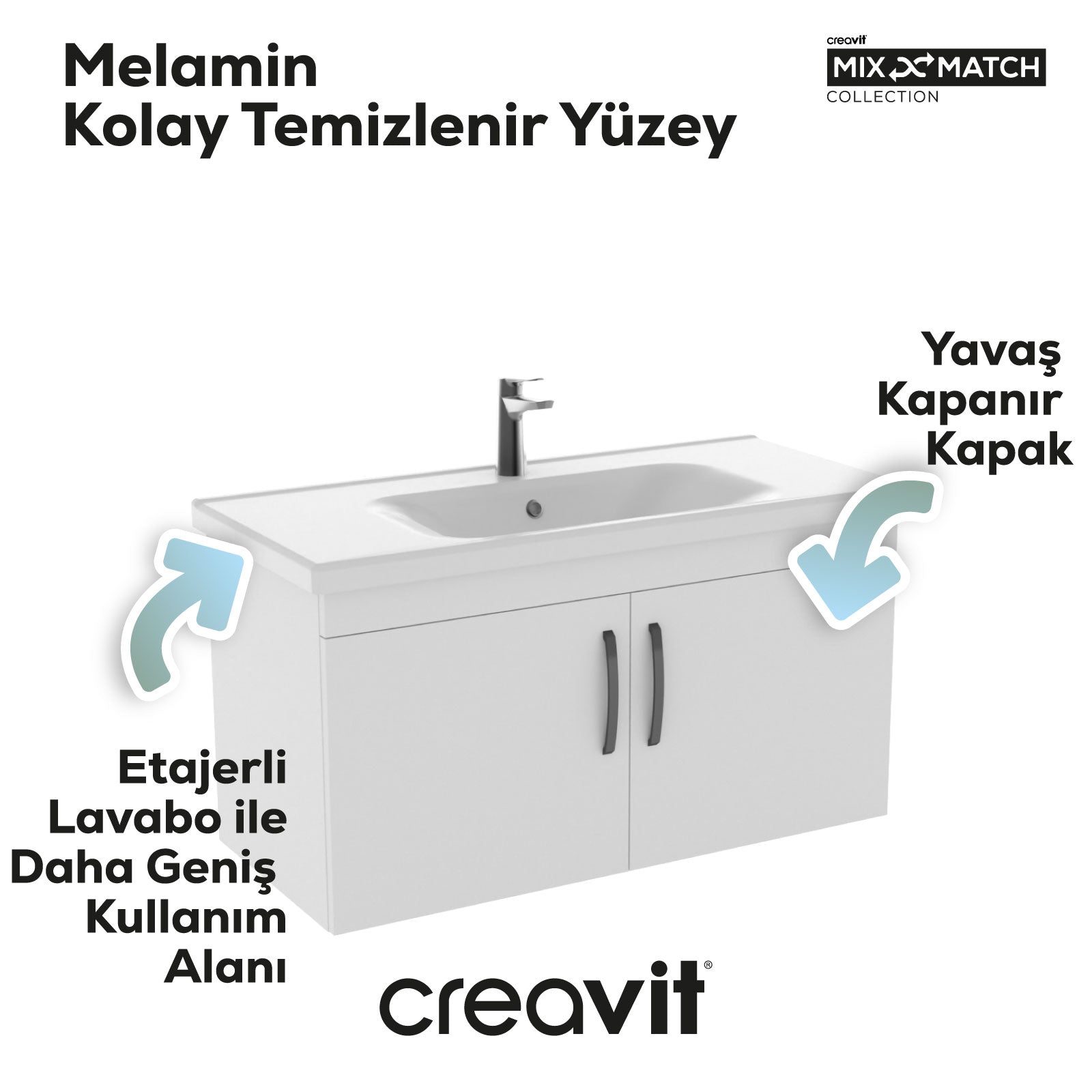 D10 100 Cm Kapaklı Lavabo Dolabı Melamin Gövde Melamin Beyaz Kapak