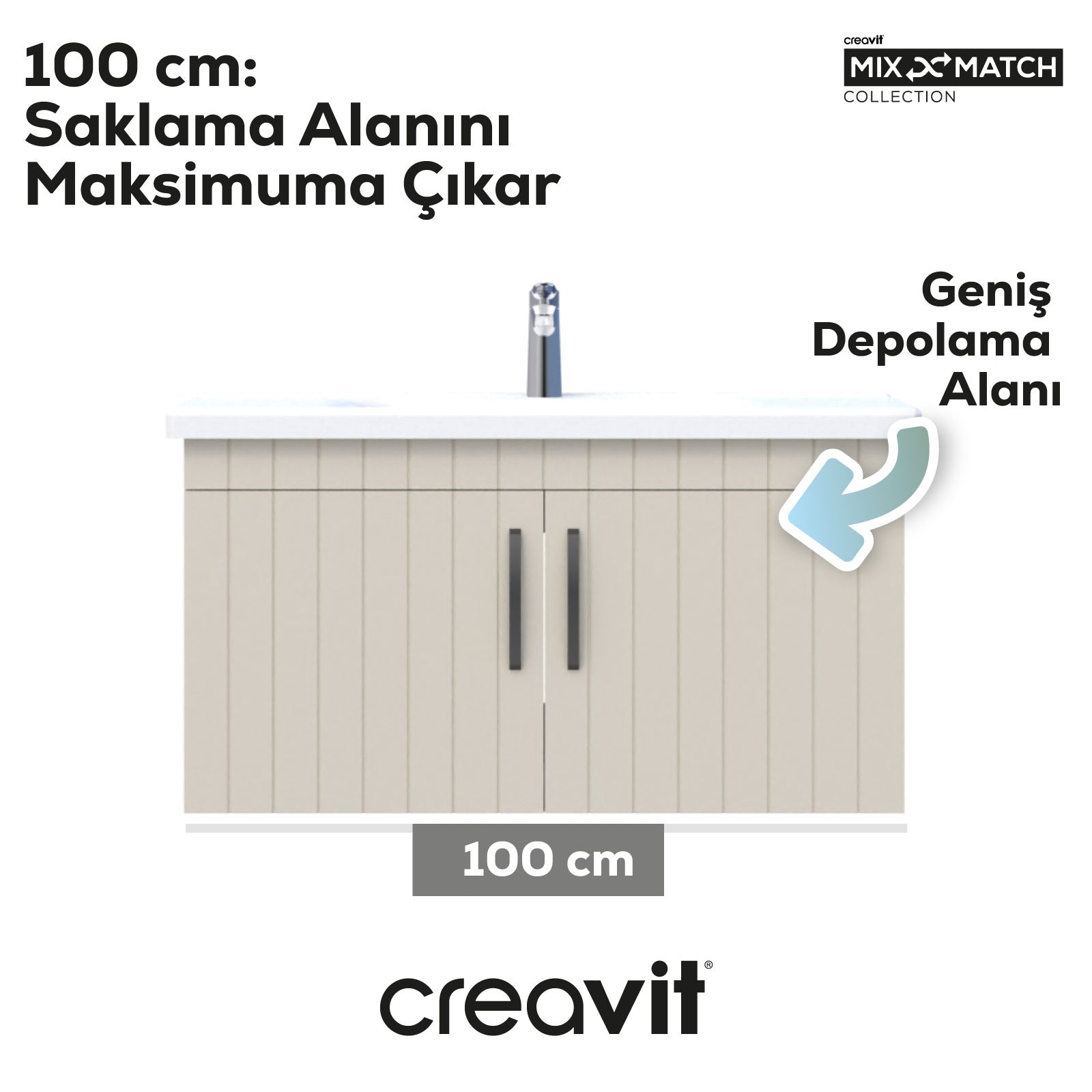 D10 100 Cm Kapaklı Lavabo Dolabı Melamin Gövde Lake Kapak Dafne