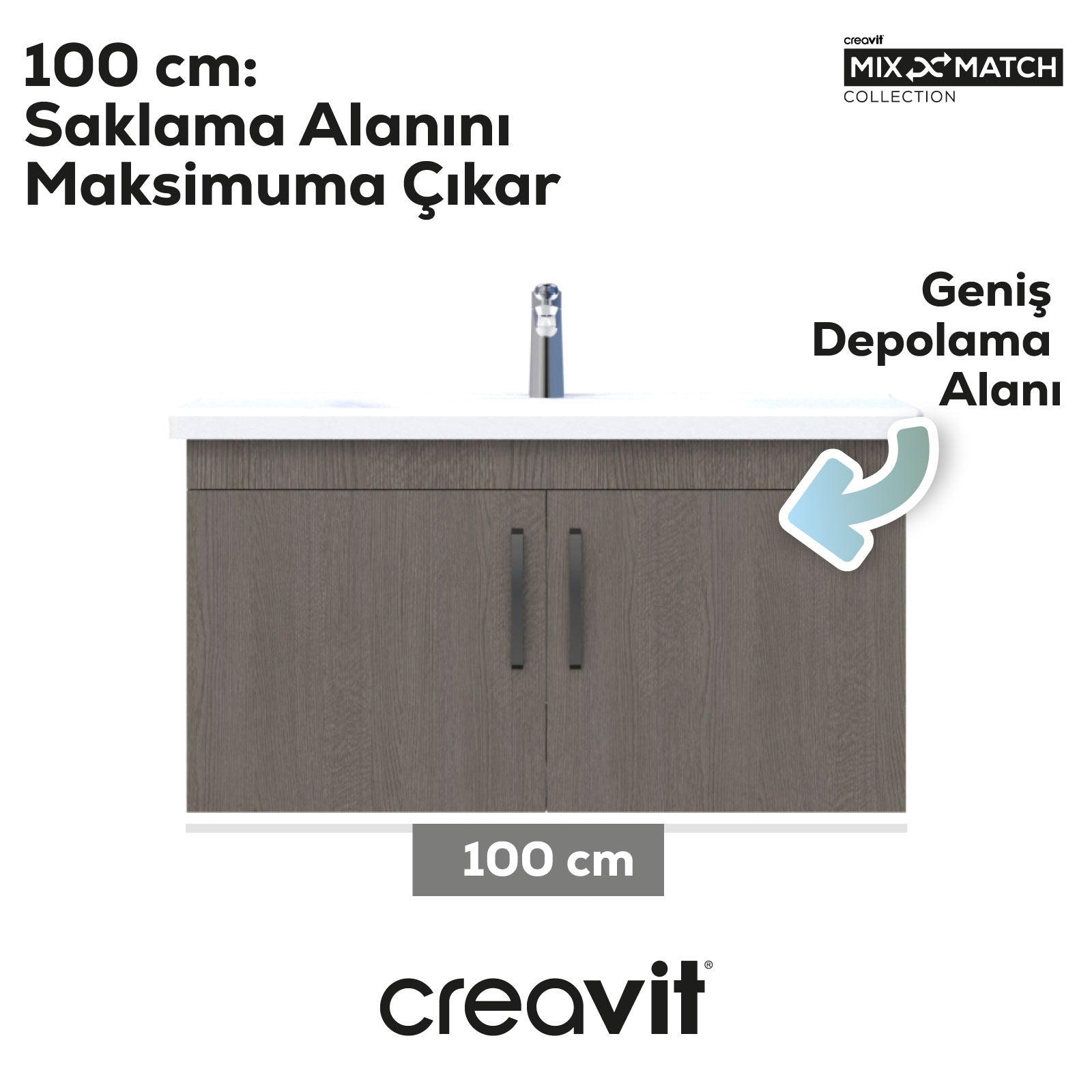 D10 100 Cm Kapaklı Lavabo dolabı Melamin Dafne Gövde Melamin Meşe Kapak