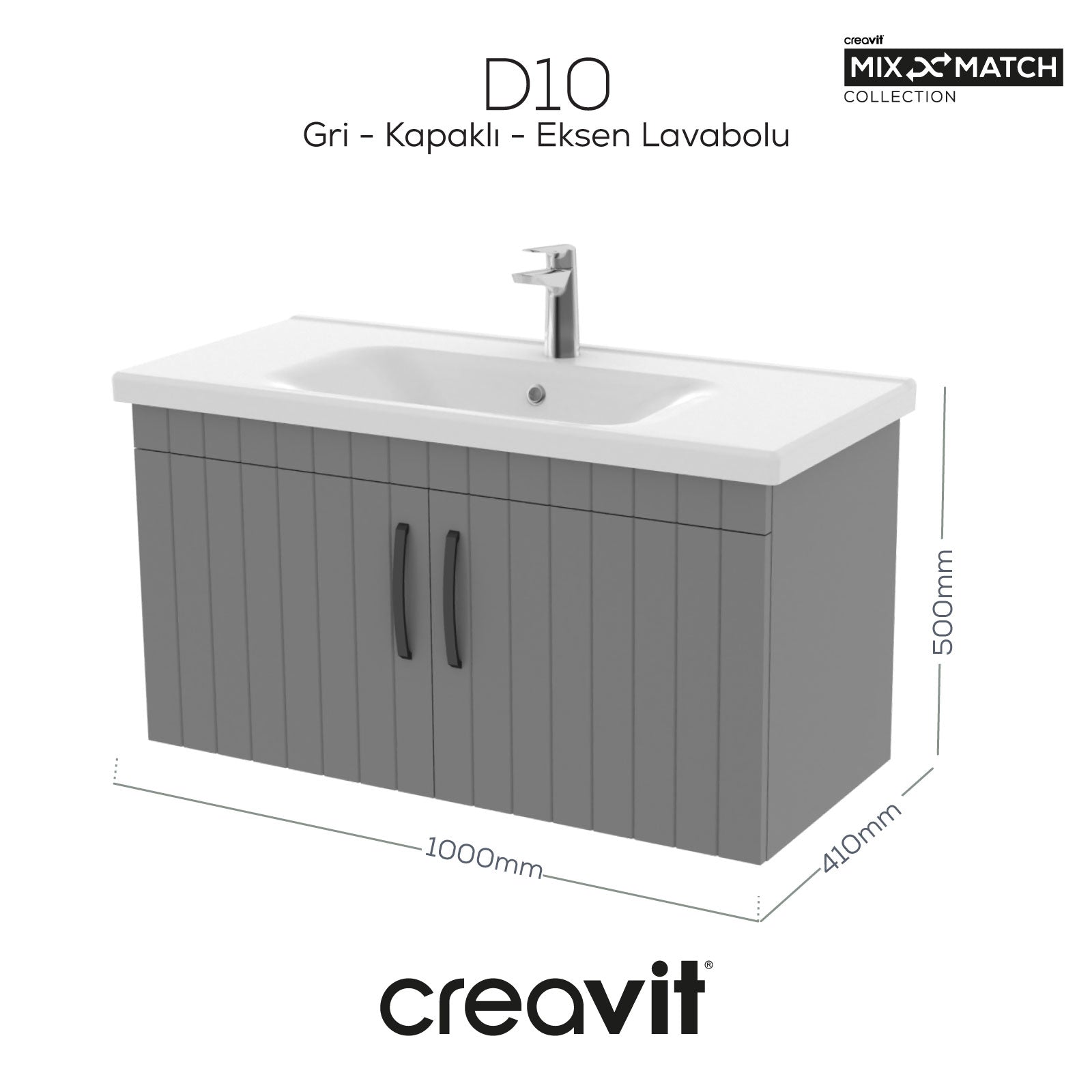 D10 100cm Eksen Lavabo Dolabı Melamin Gri Gövde Lake Gri Kapak