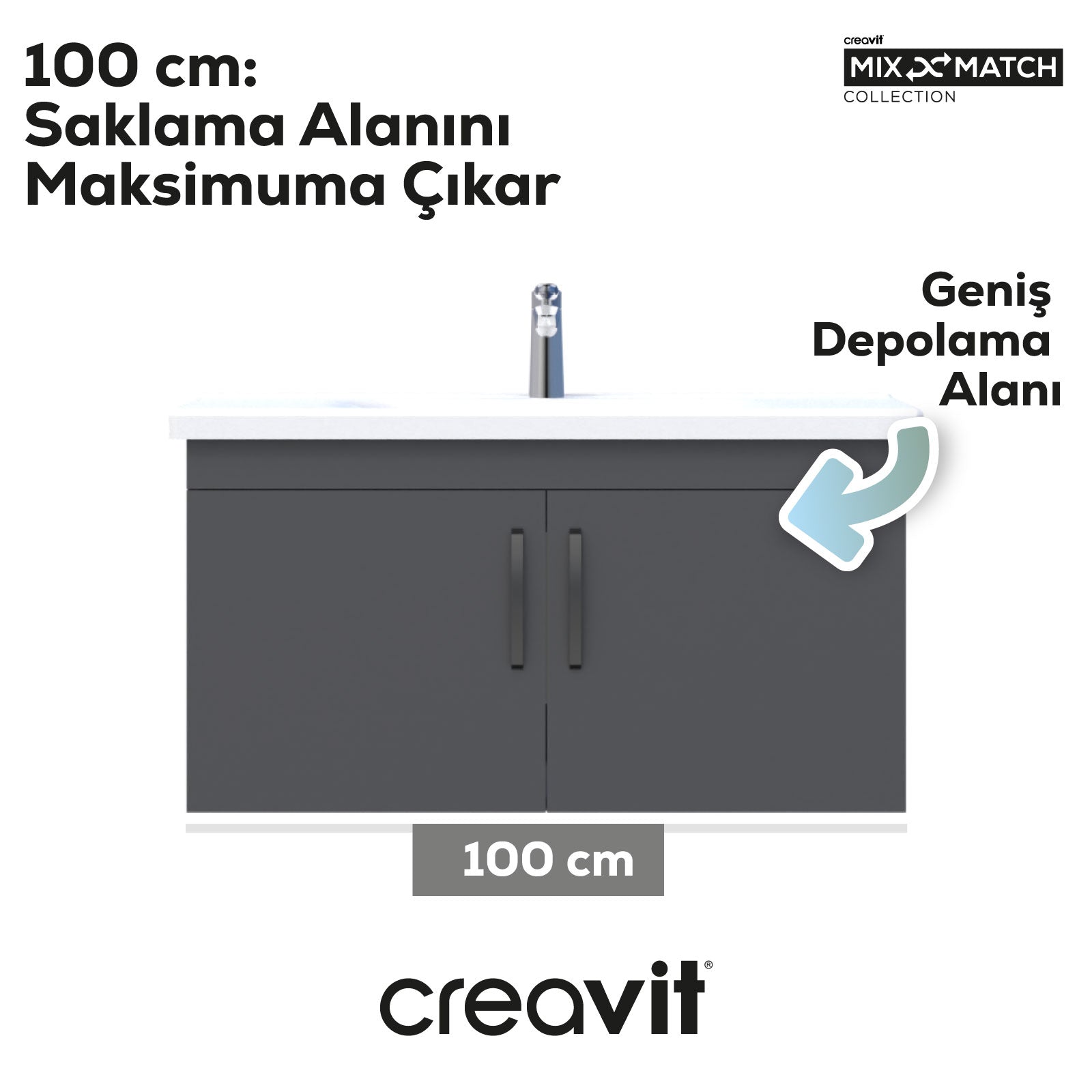 D10 100 Cm Kapaklı Lavabo Dolabı Melamin Gri Gövde Melamin Antrasit Kapak