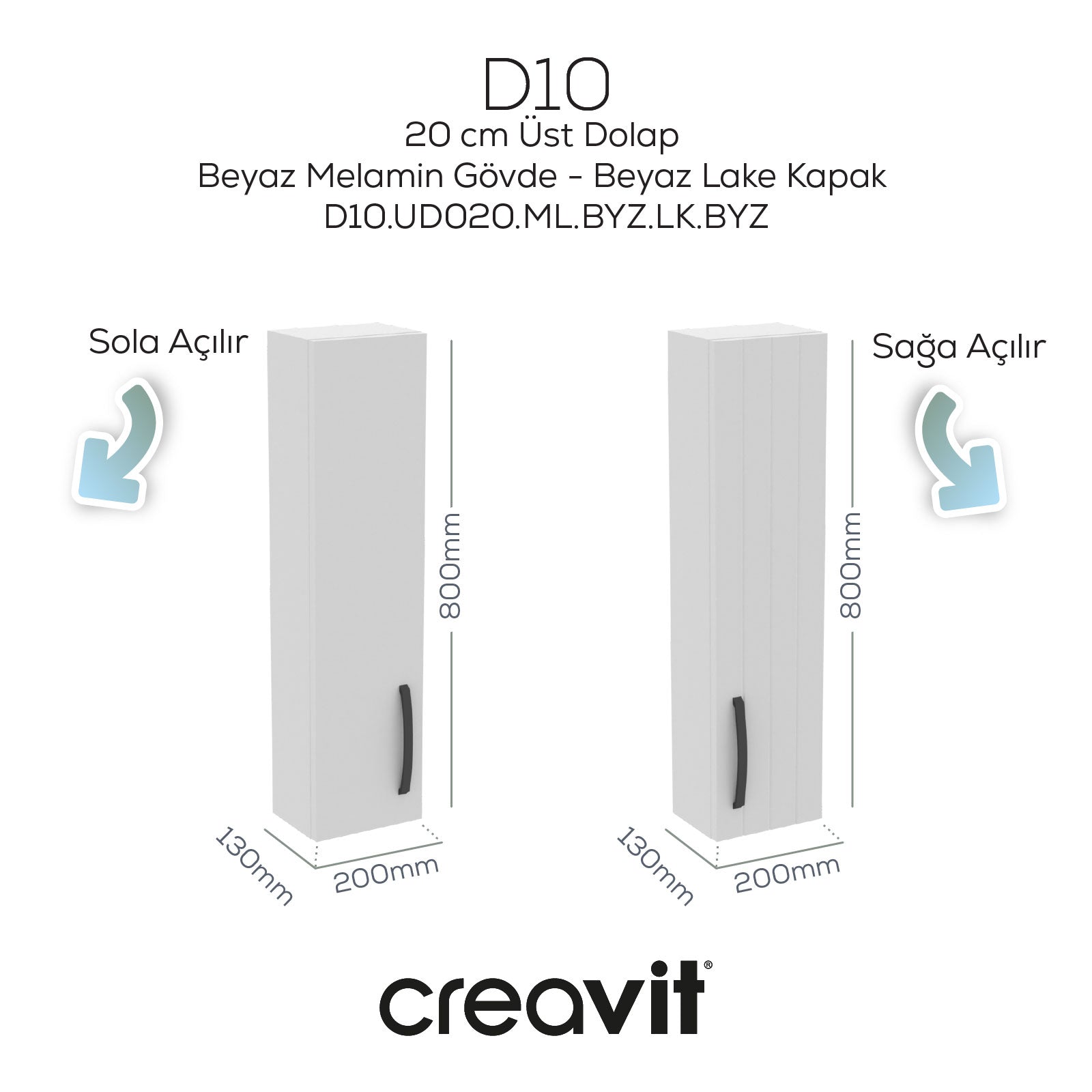 D10 20 cm Sol Üst Dolap Beyaz Melamin Gövde Lake Kapak